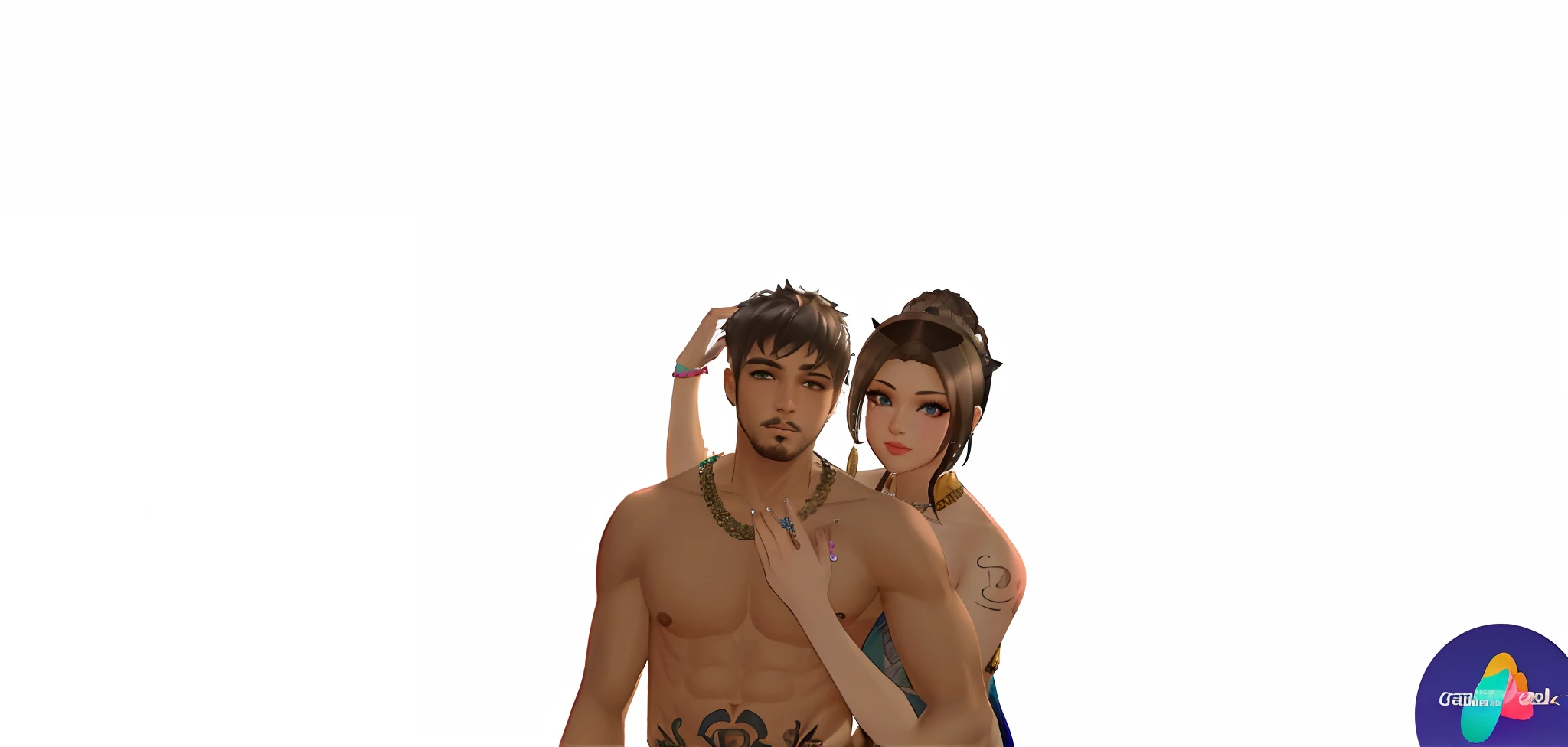 there are couple with tattoos on their bodies posing for a picture, imvu, second life avatar, couple pose, secondlife, by :5 sexy: 7, wearing toga, ghutra and egal, upper body avatar, intertwined full body view, wearing a toga, lblsck hair