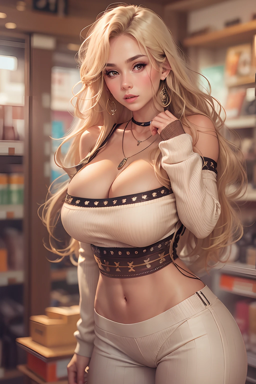 1 girl in, 25 years old, only, long hair, huge breasts, looking at viewer, blonde hair, bare shoulders, brown eyes, jewelry, full body, a necklace, off the shoulder, sweater, realistic, sexy, stocking up on lots of dollars in hand