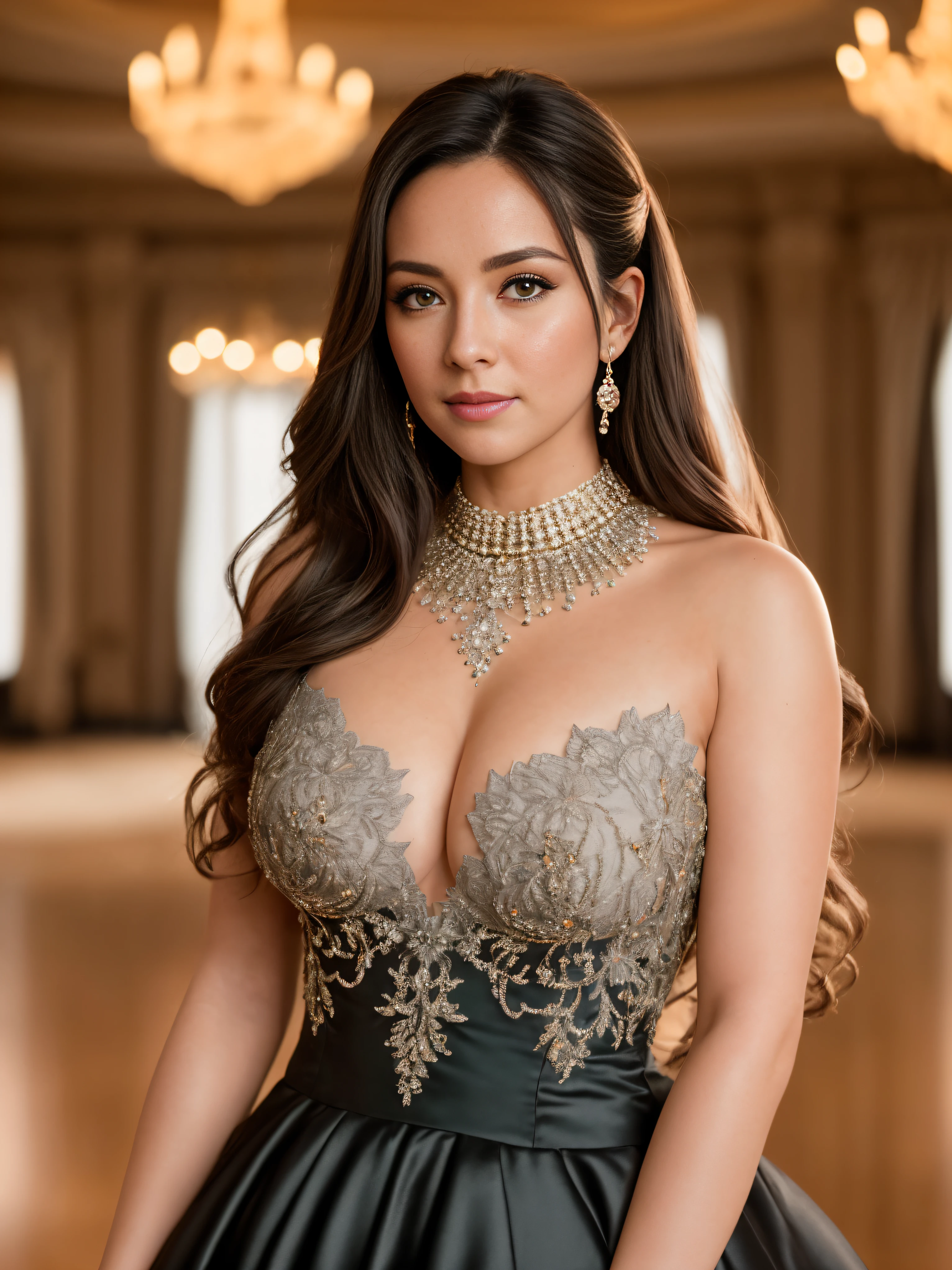 At a party in a ballroom, in a mansion in a large metropolis in the United States, a beautiful businesswoman, middle-aged woman, 35 years old, wearing a black and gray full-length fitted ball gown with bare shoulders, covering her arms with an extremely luxurious coat, white skin, brown hair, green eyes, extremely detailed light hazel eyes, detailed symmetric realistic face, extremely detailed natural skin texture, peach fuzz, messy hair, masterpiece, absurdres, nikon d850 film stock photograph, kodak portra 400 camera f1.6 lens, extremely detailed, amazing, fine detail, rich colors, hyper realistic lifelike texture, dramatic lighting, cinestill 800 tungsten, raw photo, high quality, highres, sharp focus, extremely detailed, cinematic lighting, 8k uhd