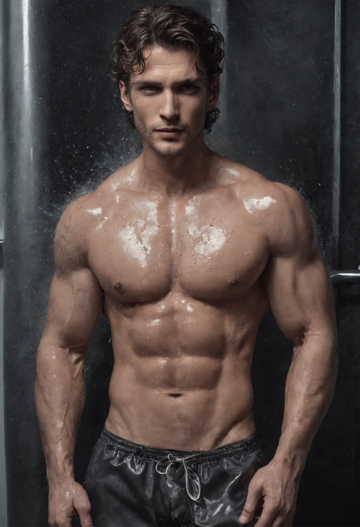 vogue photography,Handsome and strong male model standing in glass bathroom shower,Sweaty, Water droplets from the shower head fall from above, ssmile, waistup, (back muscles:1.4), glute,Side face, Tie-up long curly black hair,little beard, Healthy complexion, Strong, big shadows,Strong chiaroscuro,Handsome muscular male model, editorial model, very very roberto ferri, steven klein, underwear ad, Strong mature male, inspired by Adrian Zingg, alex kanevsky, Danila Tkachenko, Melt Arras and Marcus Pigot, Open V chest clothes, vman magazine, Healthy skin and roughness