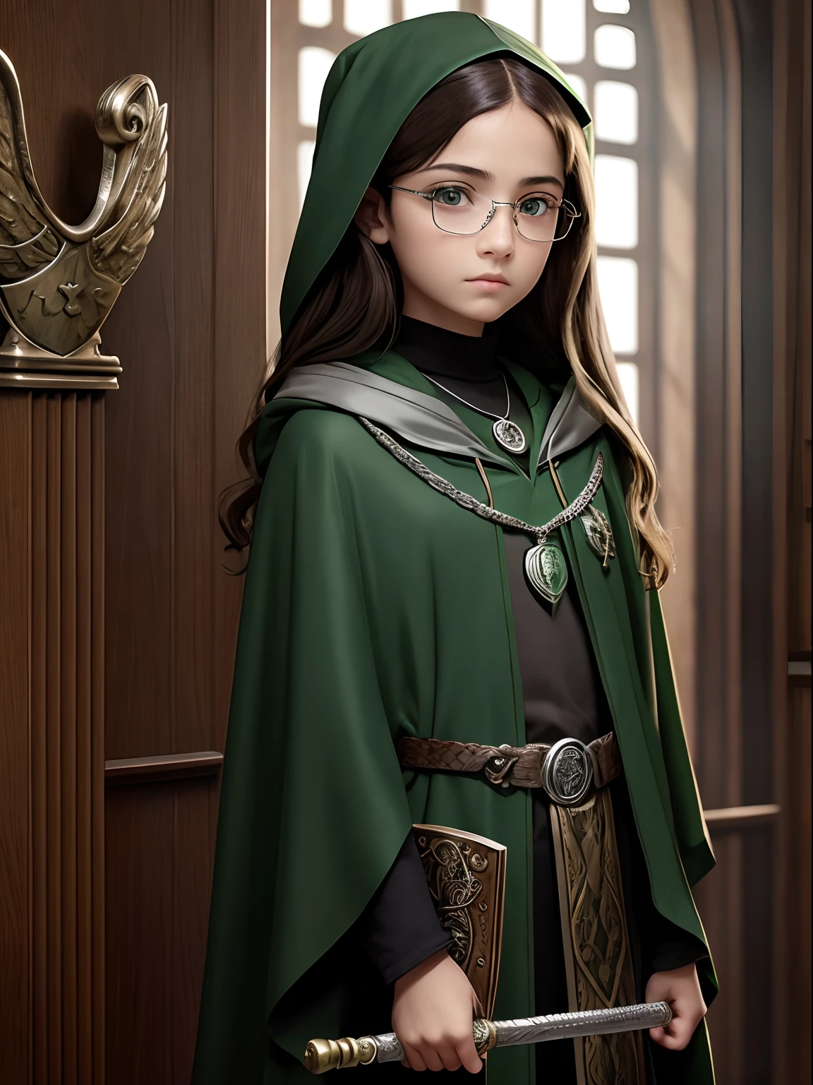 11 years old, Beautiful serious girl, long brown hair to the shoulder blades, Big shiny brown eyes, long eyelashes, eyeglasses, Hogwarts House Slytherin, Long green cloak,  Silver chain with pendant(Coat of arms of the House of Slytherin) On the neck, hogwarts on background, Holds a silver staff with a pommel in the shape of a snake's head