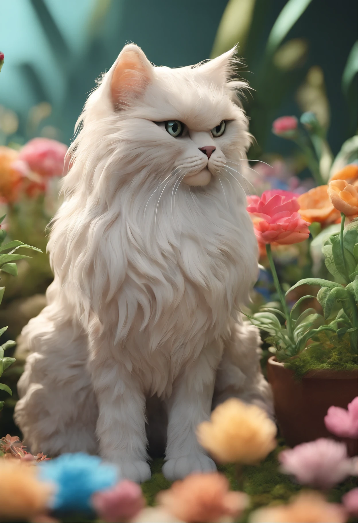 /digital a stunning photo of a couple Persian cat surrounded by plants in a flower meadow, 8k resolution concept art( intricate details:1.2), sunlight, (high quality:1.2), trending on artstation, 8k, absurdres, extremely detailed fur, (close up:1.1)