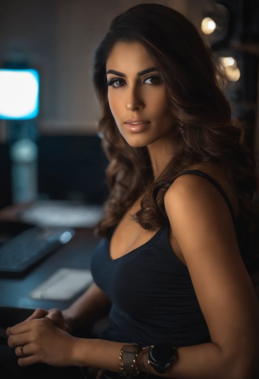 mulher morena, 25 anos, cabelo castanho claro, olhos castanhos, usando fone gamer, olhando para uma camera, roupa casual, jogando em um computador, scenery with good lighting, com mesmo rosto da imagem a cima.