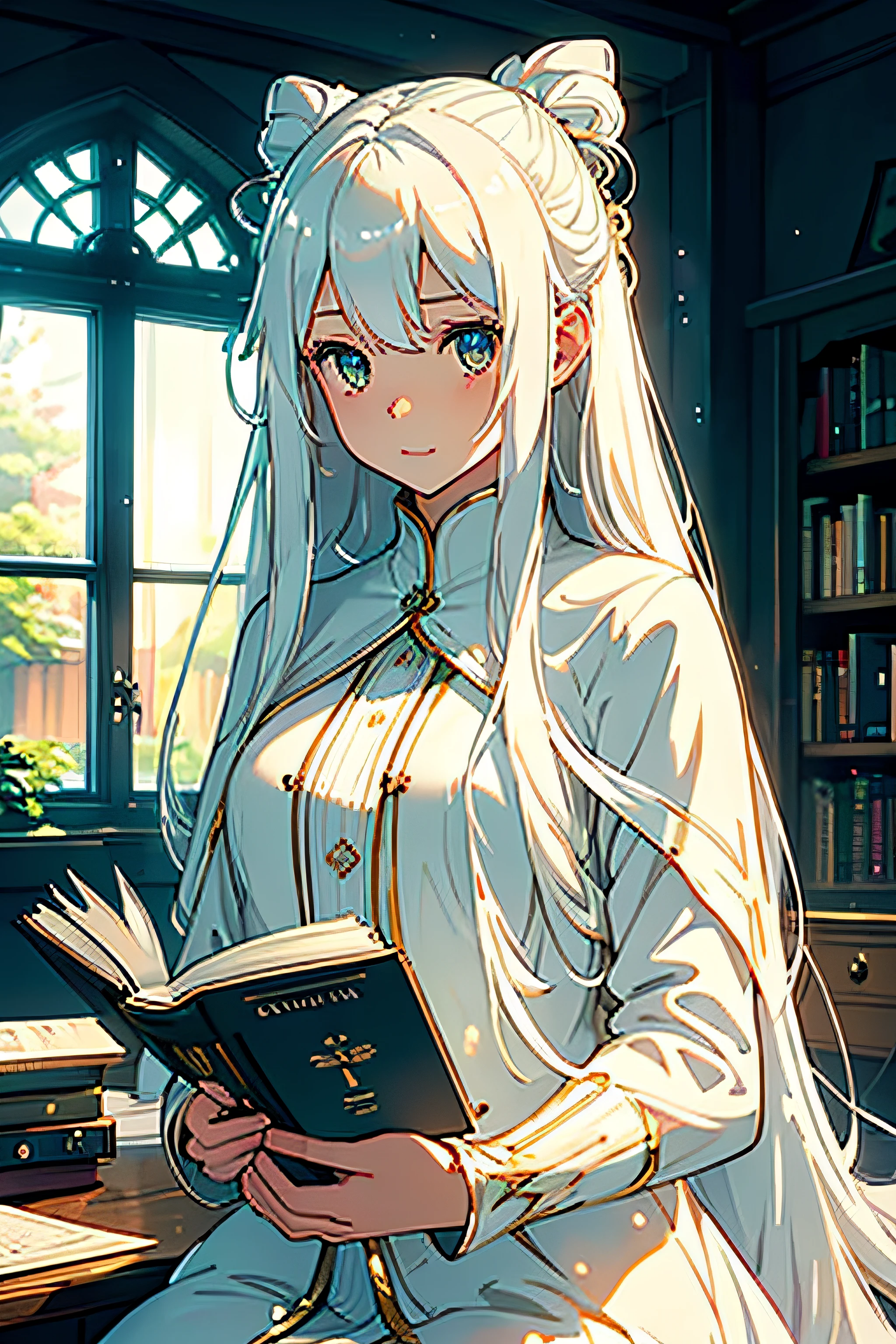 "1 girl, long white hair, studying in her cozy and warm room. The room has a welcoming ambiance with soft, warm tones. There's a window showing the rainy night outside. The girl, fully absorbed in her studies, is not looking at the viewer. She is engrossed in her book, creating a tranquil and focused atmosphere."