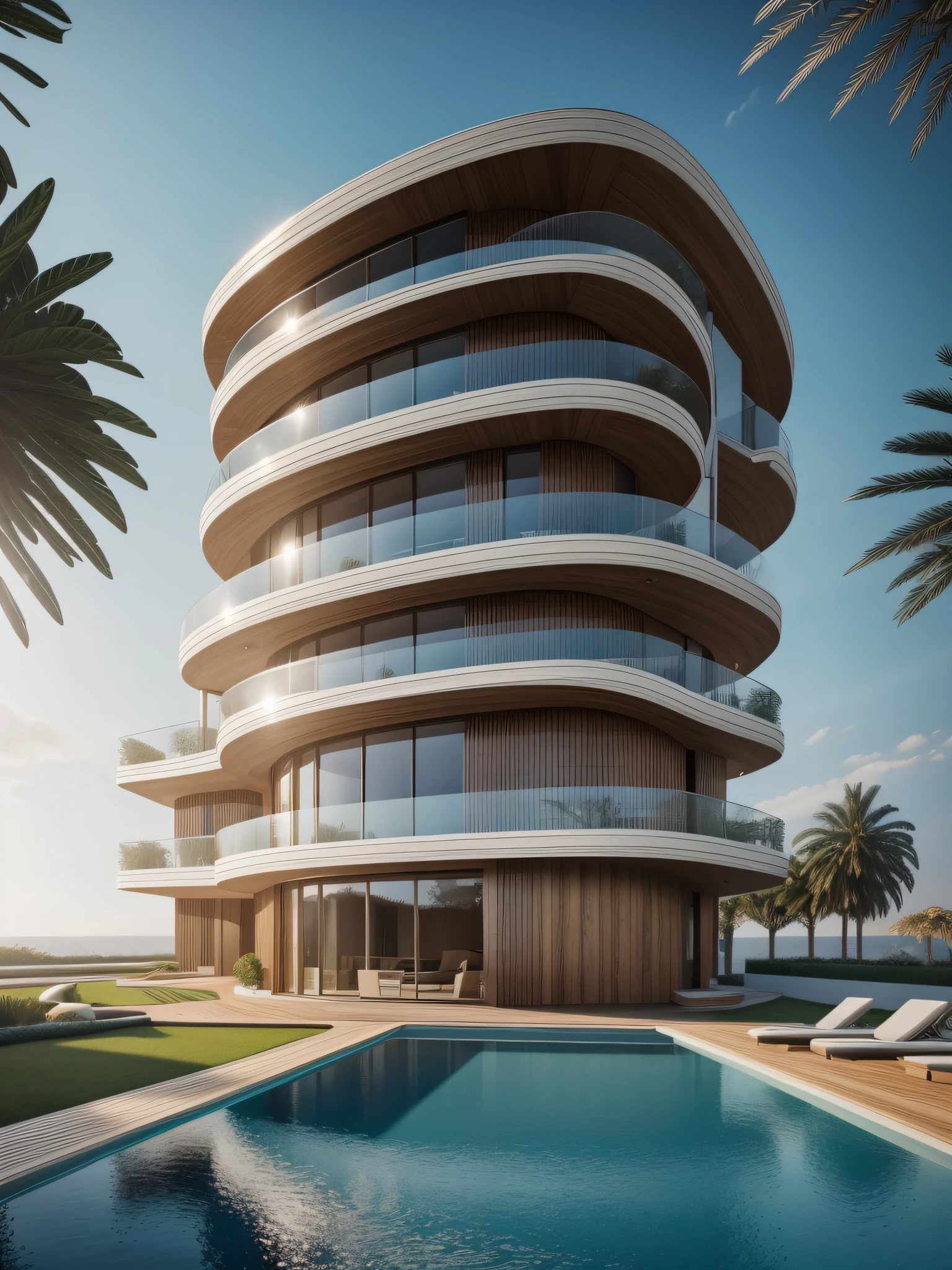 Realistic photo of innocense residential wooden by Zaha Hadid design ::1.6 With pools and gardens. crease surface, sinuous. Cinematic, Photography, Ultra - Wide Angleб hyper - detailed, insane details, intricate details, beautifully color graded, Unreal Engine ::1