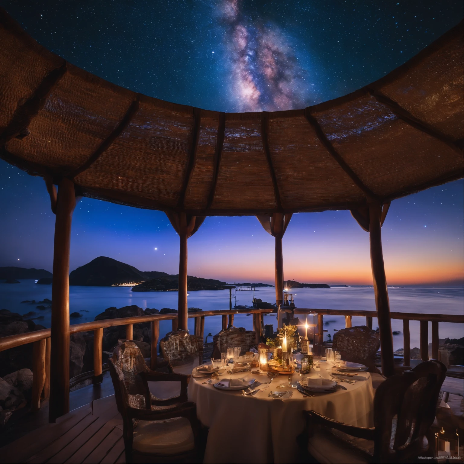 Master Parts、Superior Quality、superior image quality、The 8k quality、、Beautiful pictures of the starry sky、magnifica、Arched Milky Way:1.9、Sail ships:1.9、Blue Sea、shooting stars:1.9
