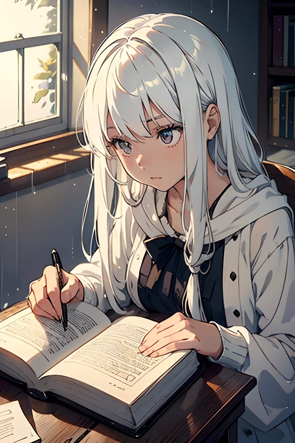 "1 girl, long, white hair, studying in her cozy and warm room. The room has a welcoming ambiance with soft, warm tones. There's a window showing the rainy night outside. The girl, fully absorbed in her studies, has her gaze fixed on the book. She is wearing comfortable clothes, creating a tranquil and focused atmosphere."