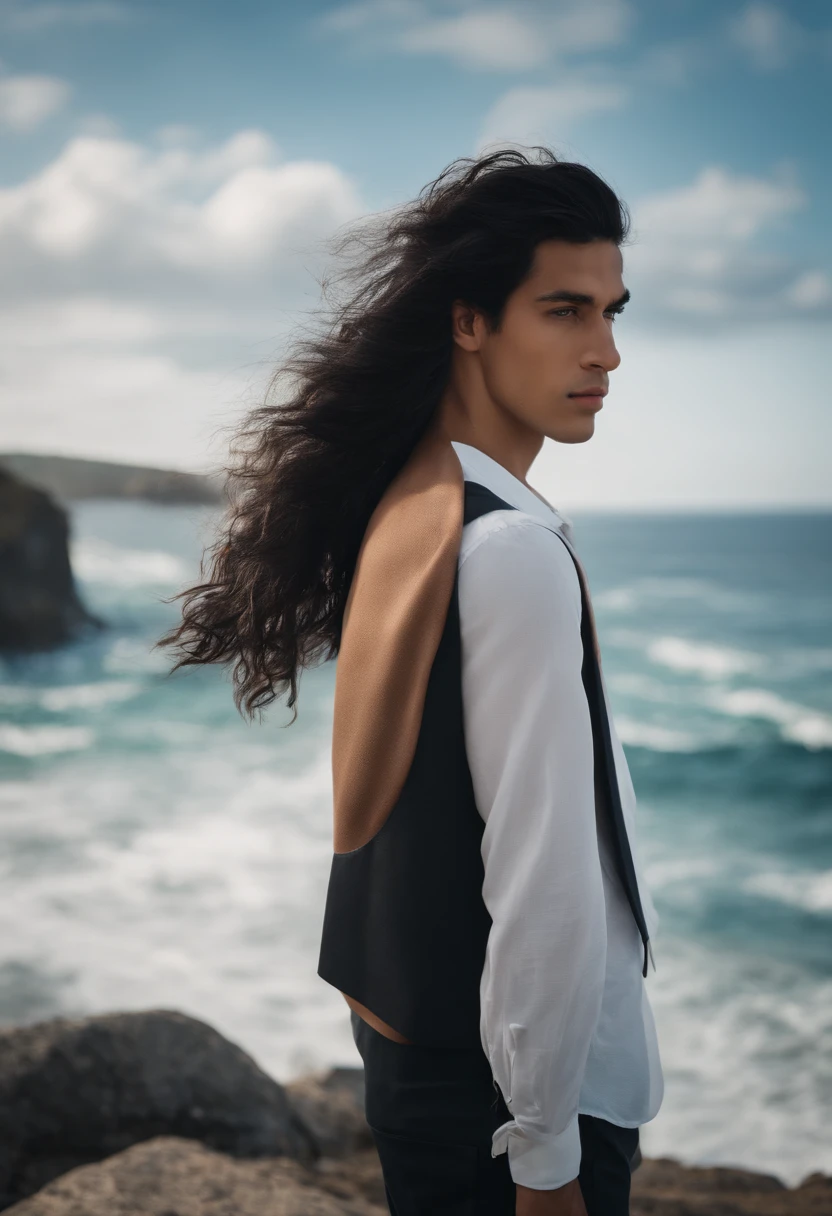 A young man with long black hair and a vest standing in front of the ocean with a blue sky, (1girl:0.955), (franja:0.575), (olhos negros:0.572), (cabelos pretos:0.709), (blue skies:0.985), (boca fechada:0.536), (Cloud:0.927), (dia:0.980), (horizonte:0.816), (Roupas japonesas:0.511), (lips:0.764), (cabelos longos:0.775), (Olhando para o Viewer:0.811), (nariz:0.534), (oceano:0.950), (ao ar livre:0.734), (Realistic:0.814), (heaven:0.988), (sozinho:0.937), (parte superior do corpo:0.557), (water:0.600)