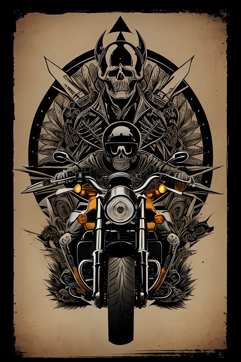 "Create an illustration of a skeleton riding a Harley Davidson motorcycle in the style of artwork for a motorcycle club. Use a background composed solely of ink splashes. Pay meticulous attention to (((intricate details))) such as the skeleton's features and the motorcycle's design. Aim for ((extreme detail quality)) to make the illustration visually striking. Craft a ((dynamic composition)) that captures the essence of motorcycle culture and the edginess of the scene."