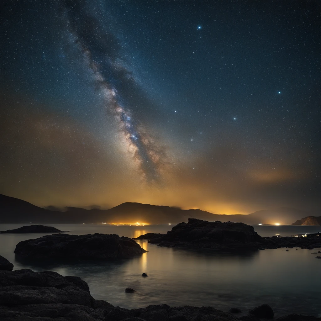Master Parts、Superior Quality、superior image quality、The 8k quality、、Beautiful pictures of the starry sky、magnifica、Arched Milky Way:1.9、Sail ships:1.9、Blue Sea、shooting stars:1.9