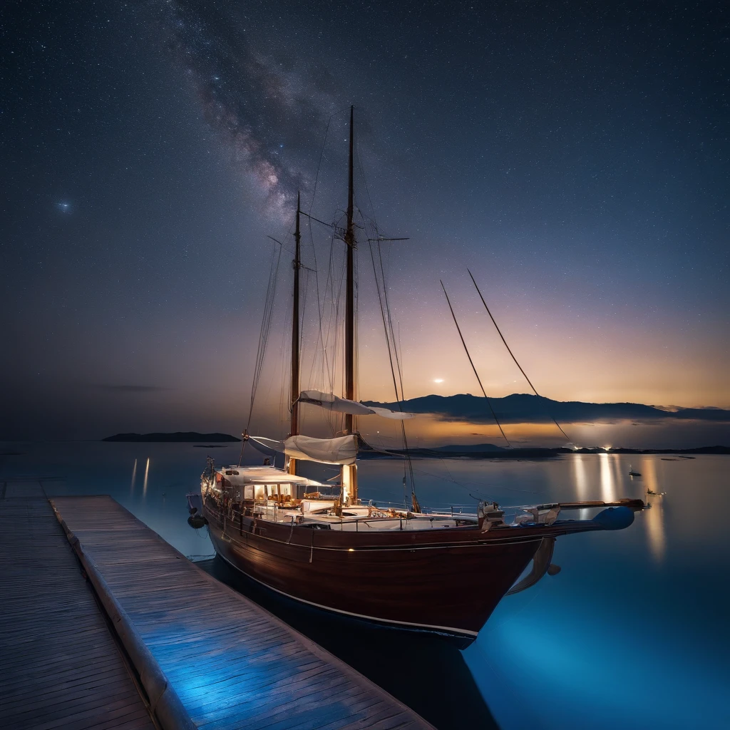 Master Parts、Superior Quality、superior image quality、The 8k quality、、Beautiful pictures of the starry sky、magnifica、Arched Milky Way:1.9、Sail ships:1.9、Blue Sea、shooting stars:1.9