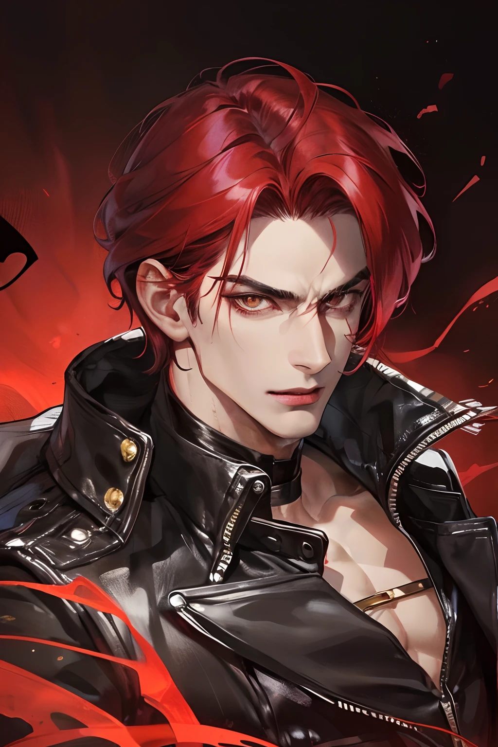 cover for a book, photography of a demon sexy man, a solo man, (((man))), (masculine face), 35 years old, demon, bad boy, (gold eyes), expressive look, red fire hair, (((dark background))), shine hair, unshaven, black suit, long sleve jacket, super detailed face, perfect body, perfect shapes, realistic image, award winning photography, 8k, (((perfect shiny eyes)))