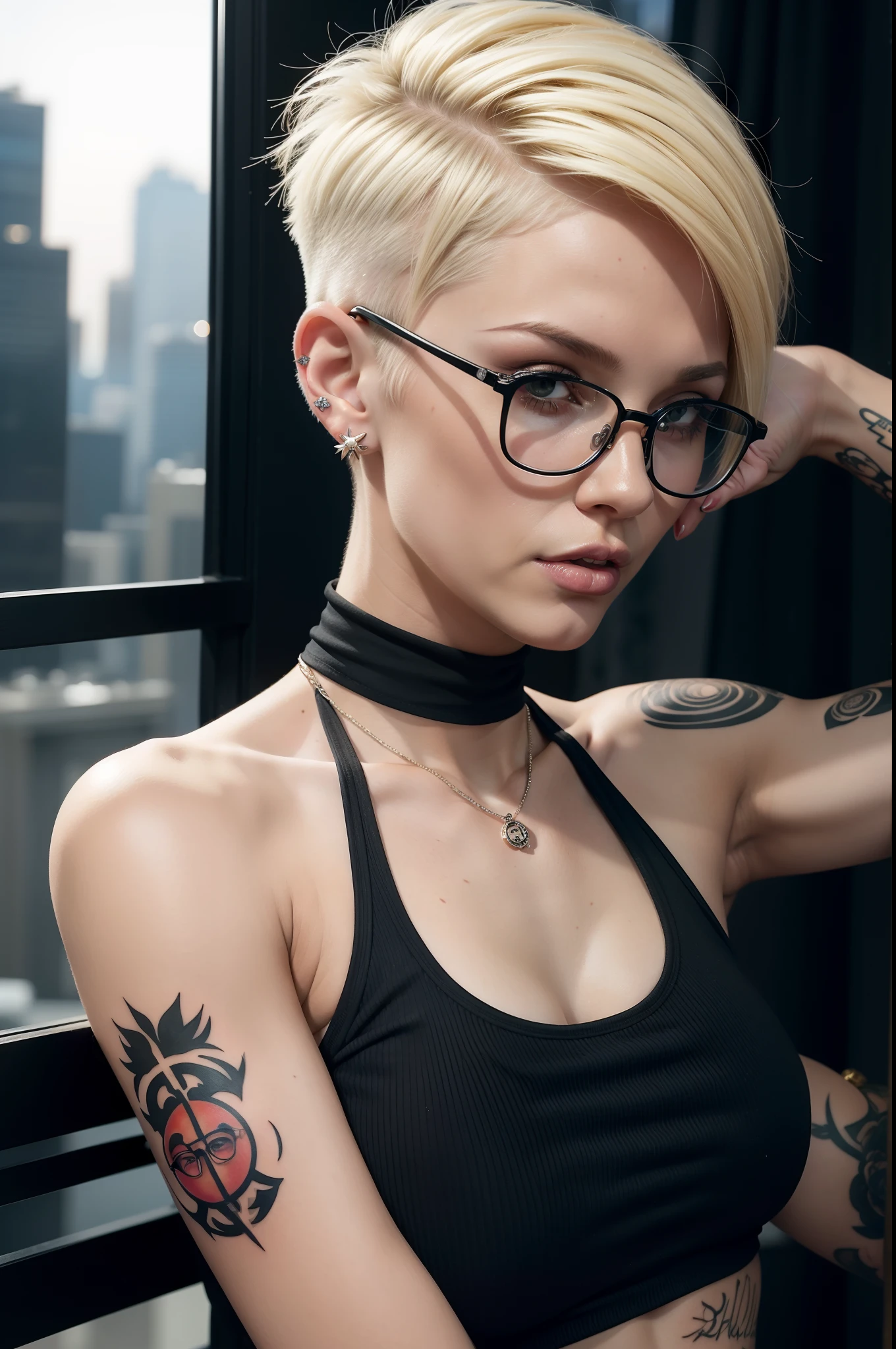 girl, riley nixon haircut, shaved hair, blonde hairstyles, very short hair, bald,, white tank shirt, red moon tattoo, right arm tattooed, wearing glasses, blonde hairstyles, riley nixon haircut, lipstick Black, piercings in the face, on a skyscraper, Looking at the viewer, Storm city, 4k