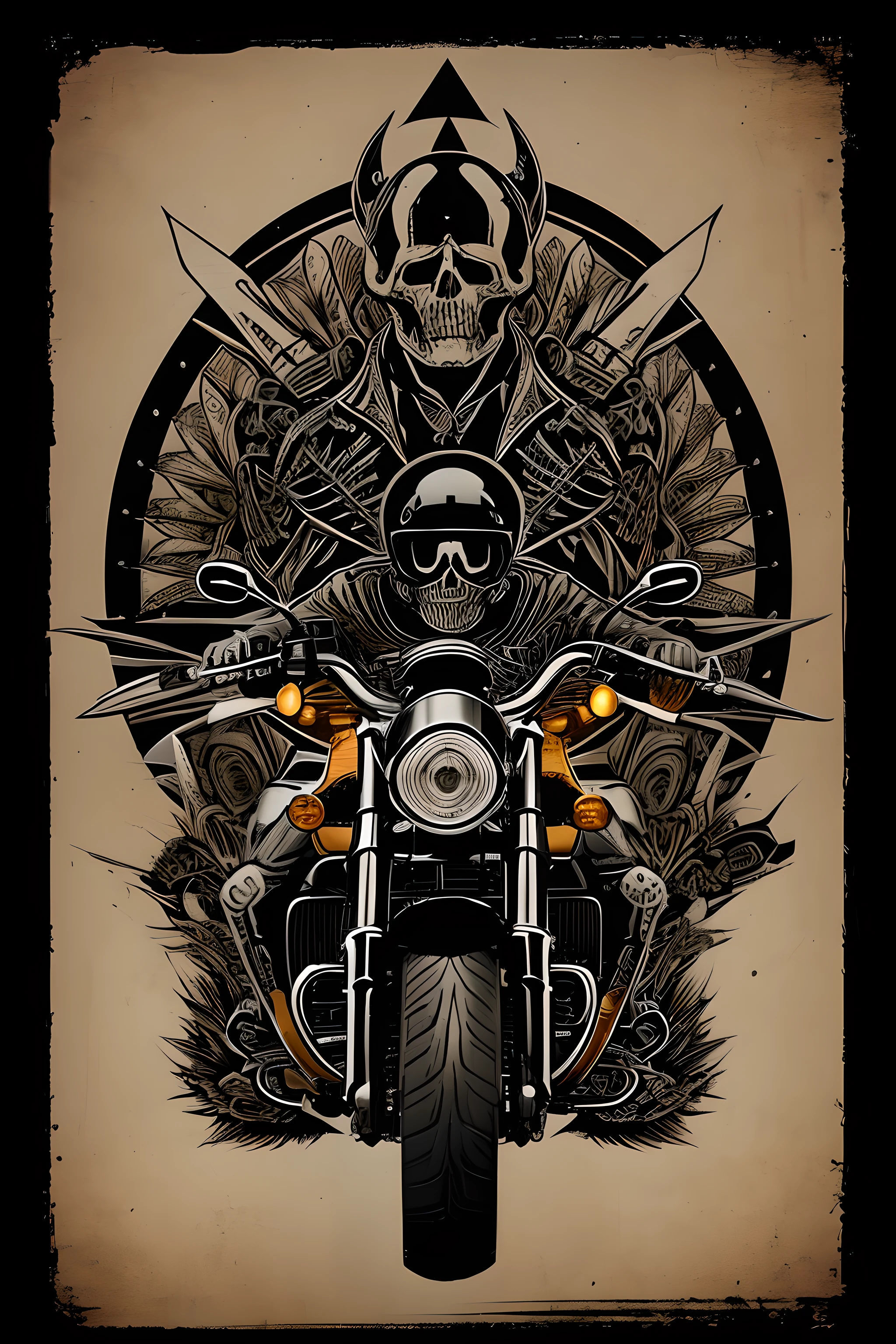 "Create an illustration of a skeleton riding a Harley Davidson motorcycle in the style of artwork for a motorcycle club. Use a background composed solely of ink splashes. Pay meticulous attention to (((intricate details))) such as the skeleton's features and the motorcycle's design. Aim for ((extreme detail quality)) to make the illustration visually striking. Craft a ((dynamic composition)) that captures the essence of motorcycle culture and the edginess of the scene."