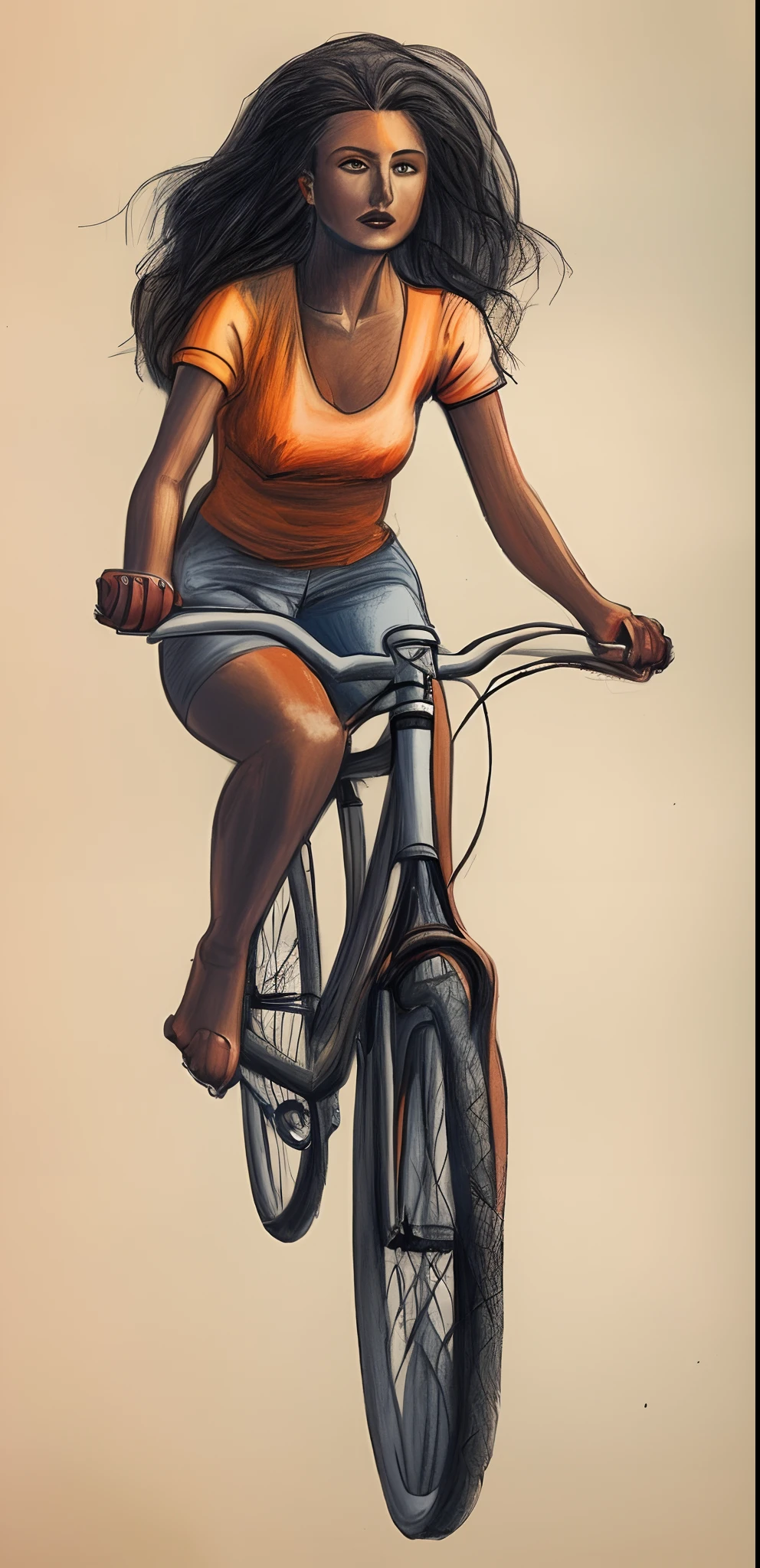 crayon illustration of a brunette beauty woman riding a bike, crayon texture, anatomically correct, real anatomy proportions, full colors