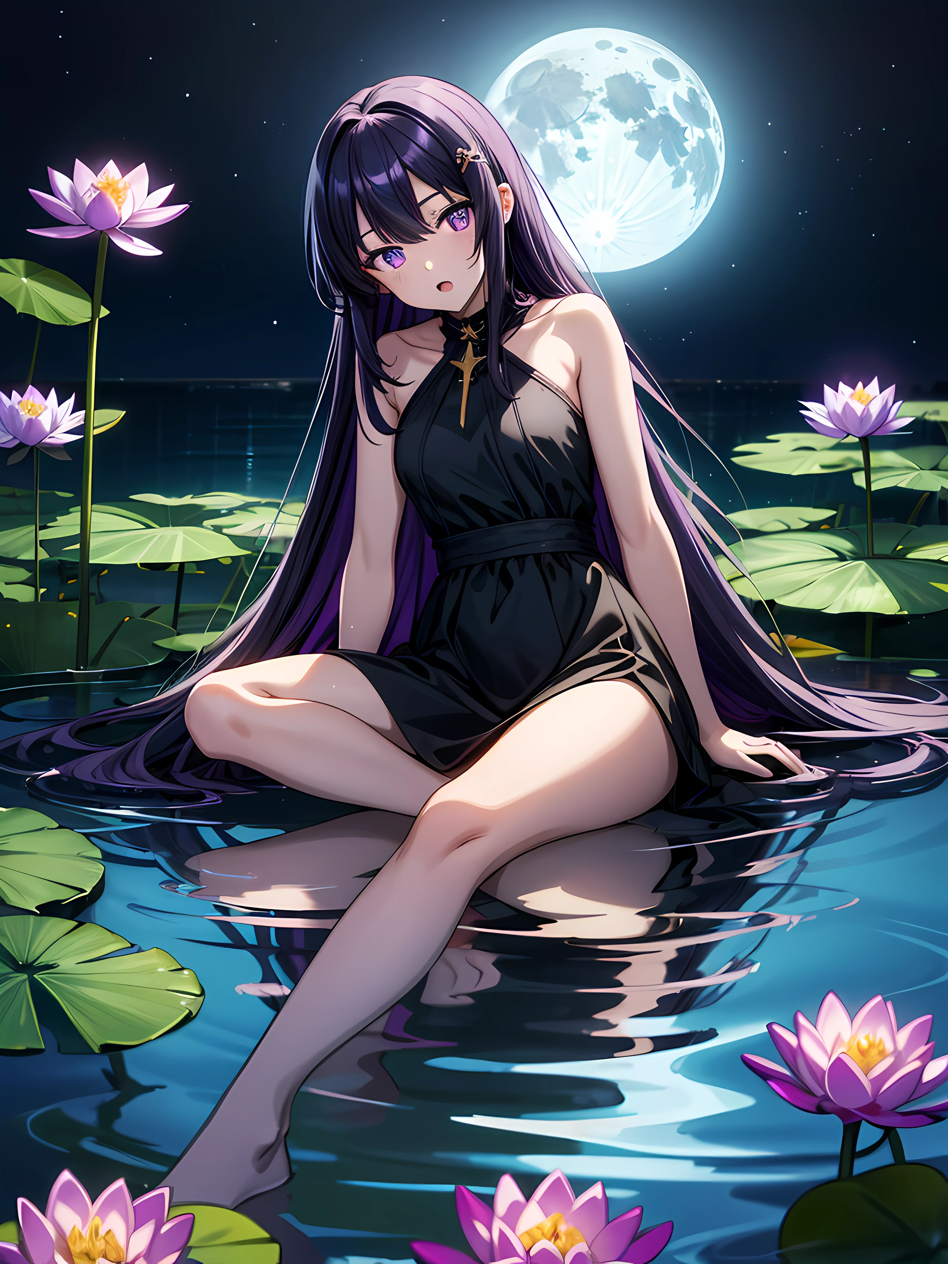 magical girl with her pet mouse, very long black hair, perfect , nakmmuning with nature and night magic, sinister swamp with water lilies, magic, fantastic, night sky, moons, stars, background, (art inspired by Bill Sienkiewicz ). oil painting)