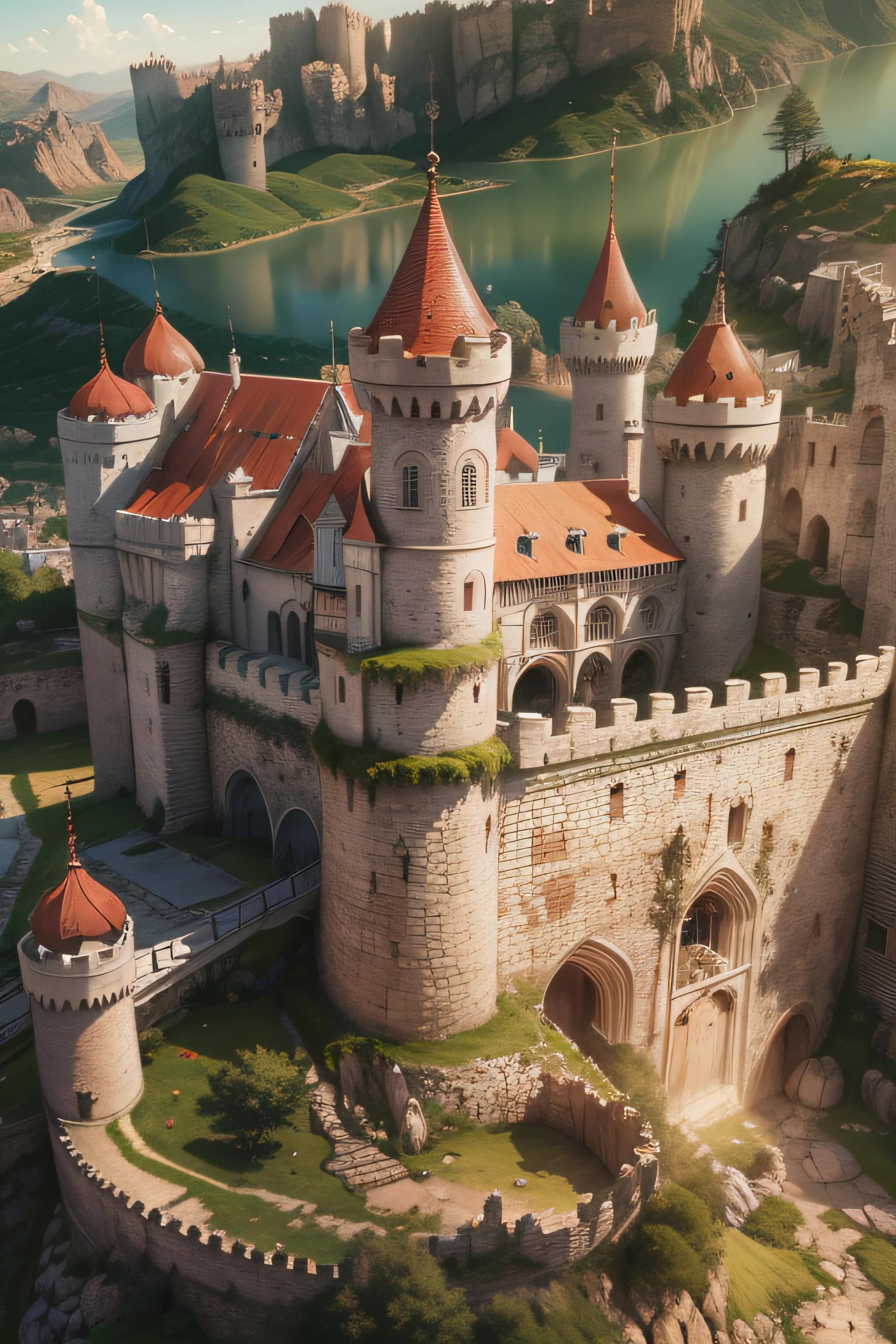 castelo medieval, dia lindo, claro, foto realista, 8k, alta qualidade, Film style, lentes de cinema