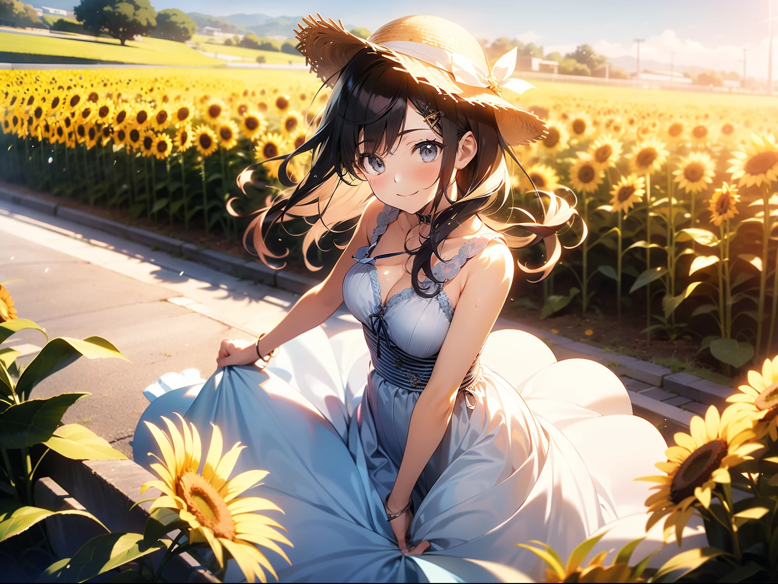 en 8K、highest qualityr、obra maestra、Ultra-detallado、Ultra-high resolution、Anime style、1 mujer、Mediados de verano、vestido blanco、Un sombrero fedora de paja、girasol、Mira hacia arriba、Aerial photos