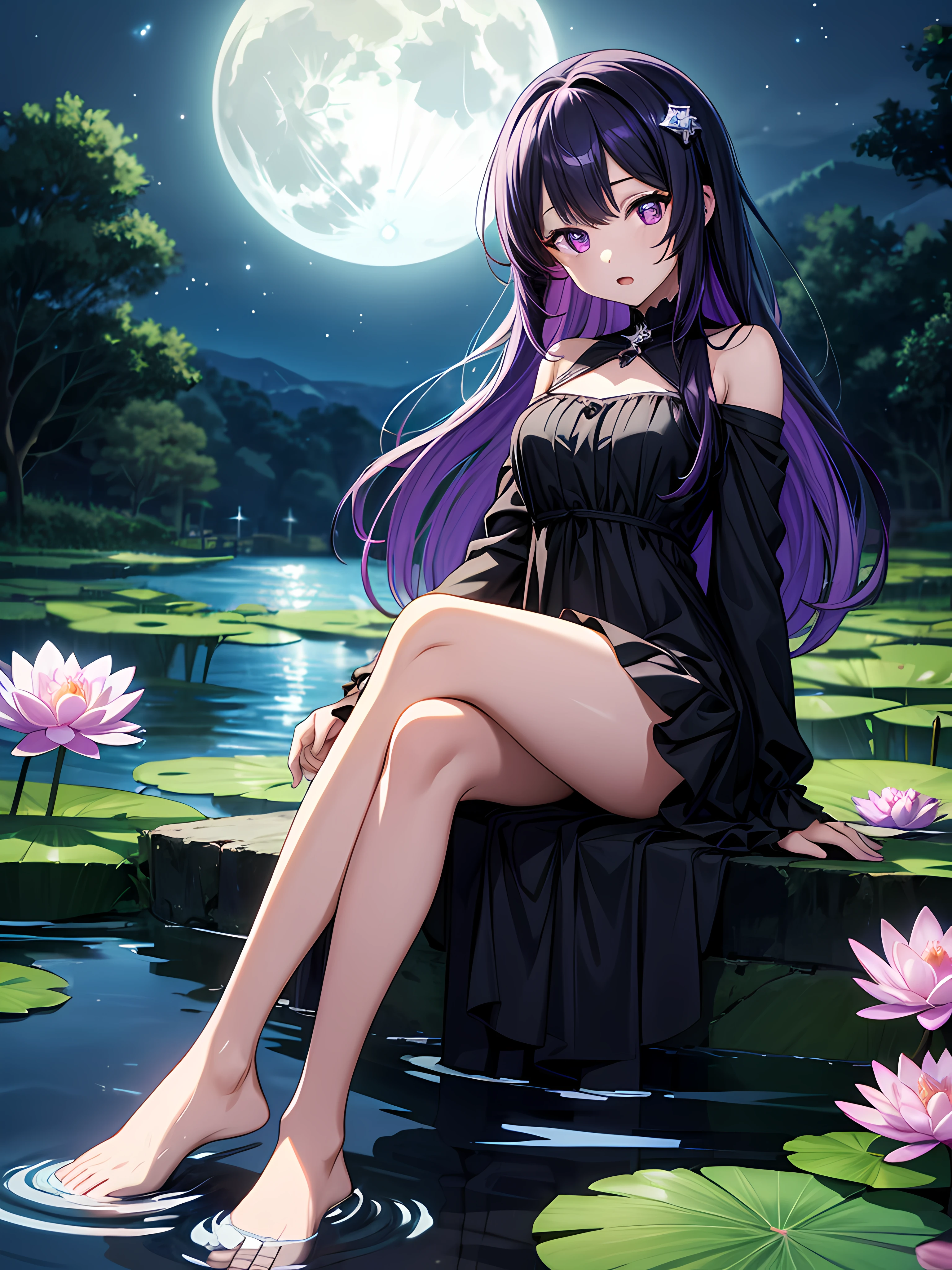 (((High quality, Best quality, high resolution)))1 girl,Hoshino Ai, long hair, purple hair, streaked hair ,purple eyes, star-shaped pupils, hair ornament, , extremely detailed eyes,beautiful eyes, Baby face, Face focus, (half closed eyes:0.8), (saliva:0.5), Provocative, Long dress ( Black dress), Bare shoulders, Open mouth, Sit on your knees with your legs crossed, Sitting on a stone,(Spread legs:1.1), Head tilt, Close contacts, Dark background, the moon in the background, Lake, Blue water, glowing water, bathing, In water,glowworm, water lilies, (Close-up:1.1), From the front side, From below, view the viewer,cross-shaped pupils, default_dress, Green cape