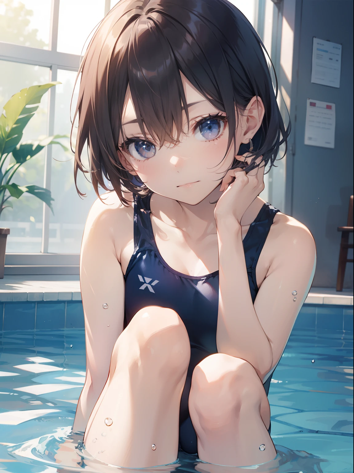 top-quality、Full limbs、complete fingers、Slender beauty、1 persons、Small eyes、embarassed expression、white school swim suit、knee high、Bery short hair、hime-cut