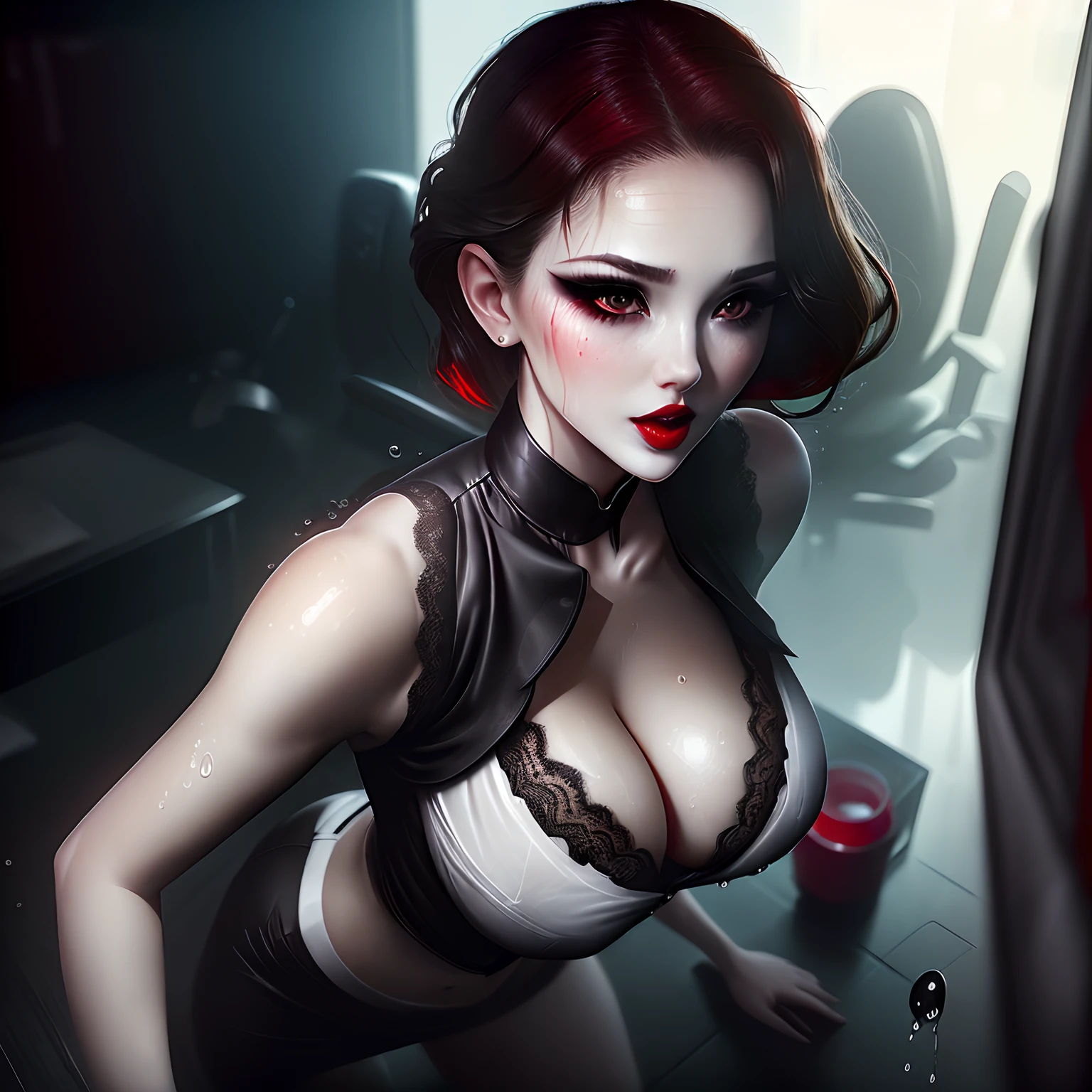 Busty slender office lady kneeling, red lipstick, black smeared eye shadow, white tshirt, black lace underwear, Moans, face and chest in liquid droplets, Wet