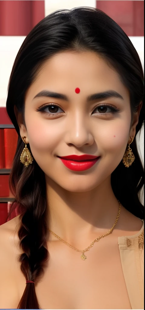 there is a woman with long hair and a necklace with a red lipstick, with accurate face, very beautiful girl, assamese aesthetic, beutiful face, beuatiful face, with lovely look, cute beautiful, assamese, 18 years old, with cute - fine - face, very very very beautifull face, very beautiful enga style, with kind face