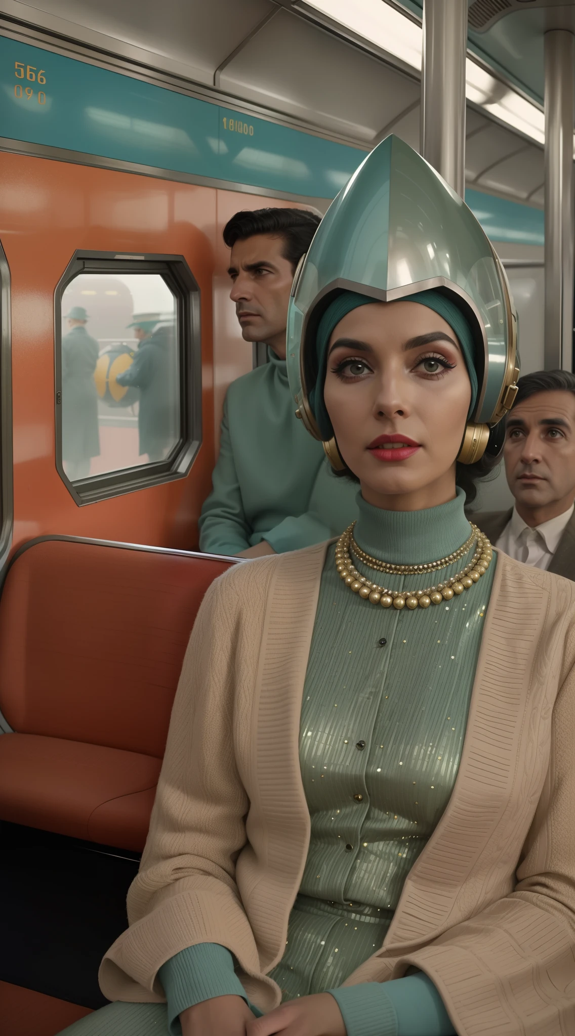 8k portrait of a 1960s science fiction film by Wes Anderson, Vogue anos 1960, pastels colors, There are people wearing futuristic animal masks and wearing extravagant retro fashion outfits and men and women wearing alien makeup and antique ornaments with mechanical pets in a park, Luz Natural, Psicodelia, futurista estranho, fotorrealista, hiper detalhado, foco nítido, Intrinsic, Fuji filmes 55mm,