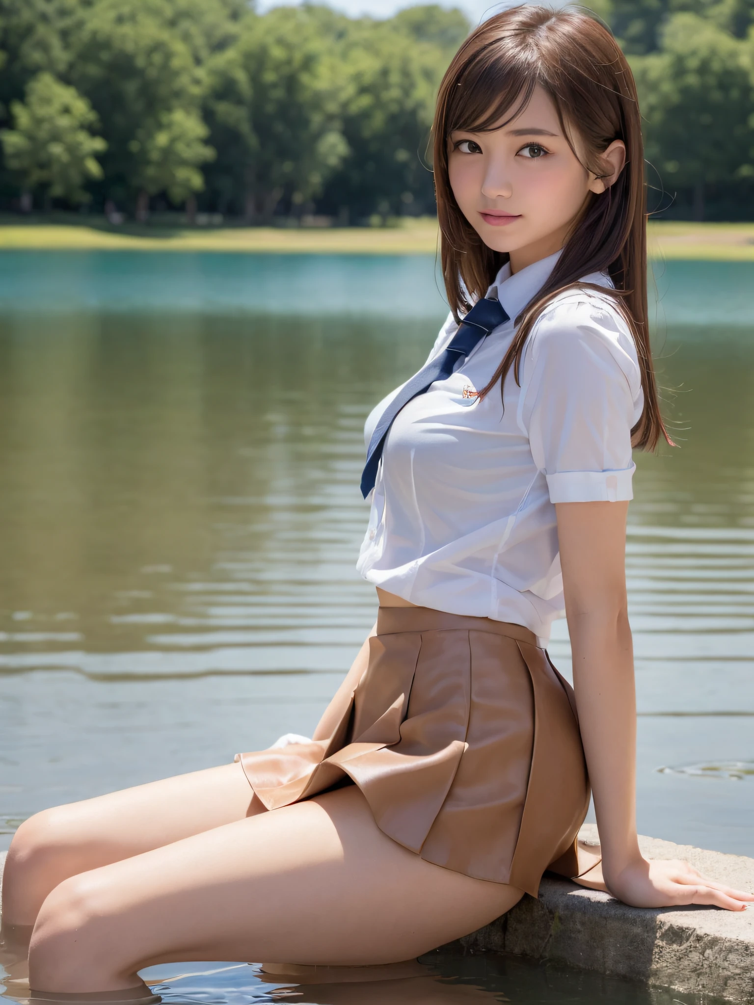 (​masterpiece:2.0), (top-quality:2.0), (sitting naked in the lake:1.5), (Ultra mini skirt extremely small school girl uniform:1.5), (view from the side:1.5), (sexypose:1.5), (blushed face:1.3), (barechested:1.3), (Spilling boobs:1.4), (realistic:1.5), 1 , precise small hands, Embarrassed look, light smile, extremely cute girl,  face, Clhining eyes, small breast, cleavage of the breast is visible, The buttocks is visible, The crotch is visible, No pubic hair, The beautiful skin, ultra-definition, Top resolution, japan high school student, brown hair