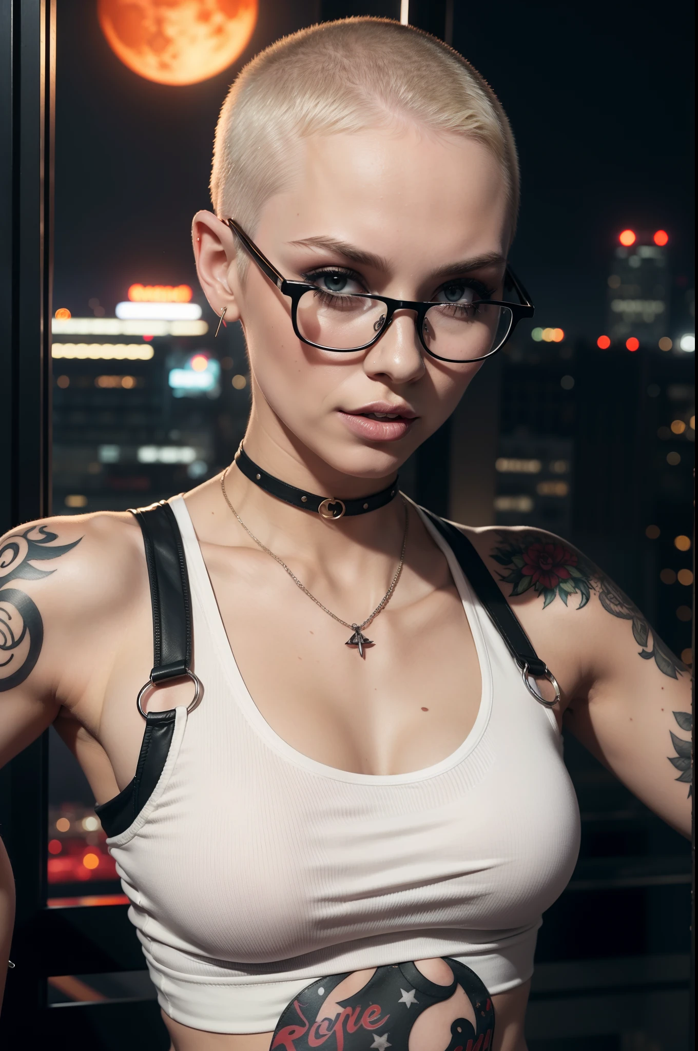 young woman riley nixon haircut, bald, very short hair,, tank top white shirt, red moon tattoo, right arm tattoed, wearing glasses, blond hair, riley nixon haircut, black lipstick, piercings in face, on a skyscrapper, looking at viewer, storm city, 4k