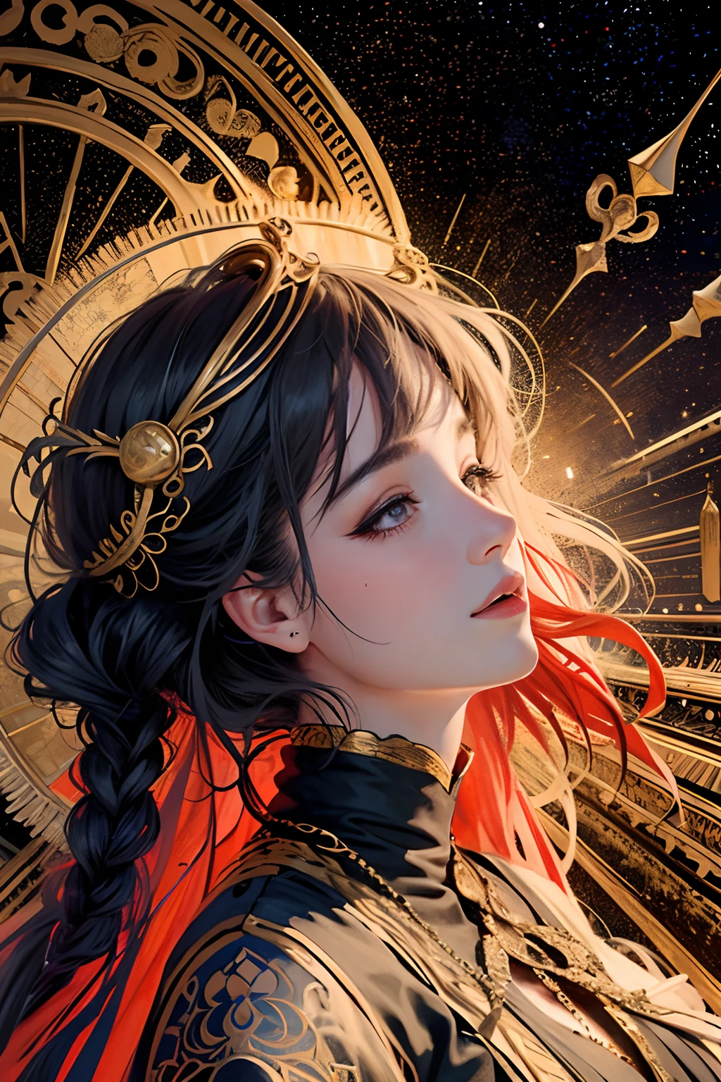 (masterpiece, top quality, best quality, official art, beautiful and aesthetic:1.2), (1girl), extreme detailed,colorful,highest detailed, official art, unity 8k wallpaper, ultra detailed, beautiful and aesthetic, beautiful, masterpiece, best quality, (zentangle, mandala, tangle, entangle) ,holy light,gold foil,gold leaf art,glitter drawing, PerfectNwsjMajic