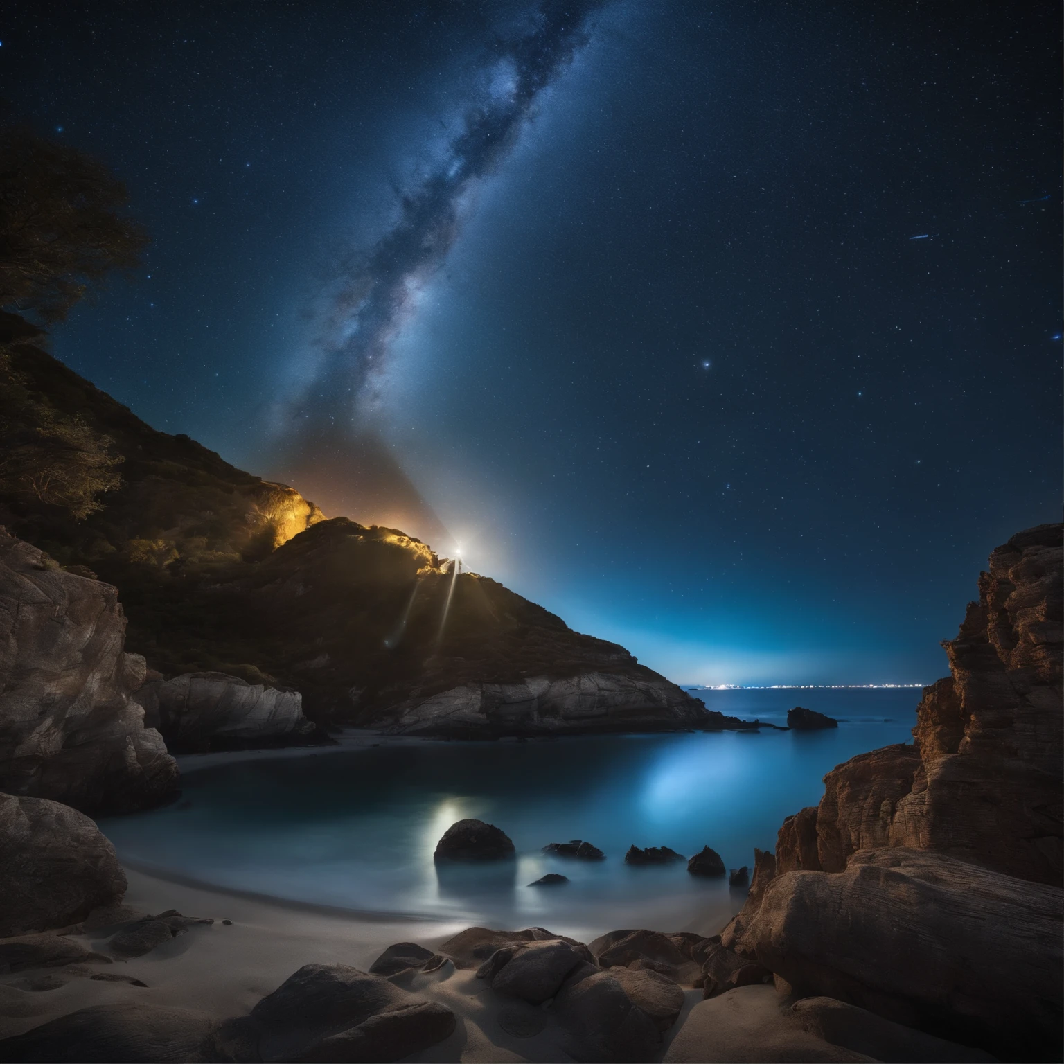 Master Parts、Superior Quality、superior image quality、The 8k quality、、Beautiful pictures of the starry sky、magnifica、Arched Milky Way:1.9、Sail ships:1.9、Blue Sea、shooting stars:1.9
