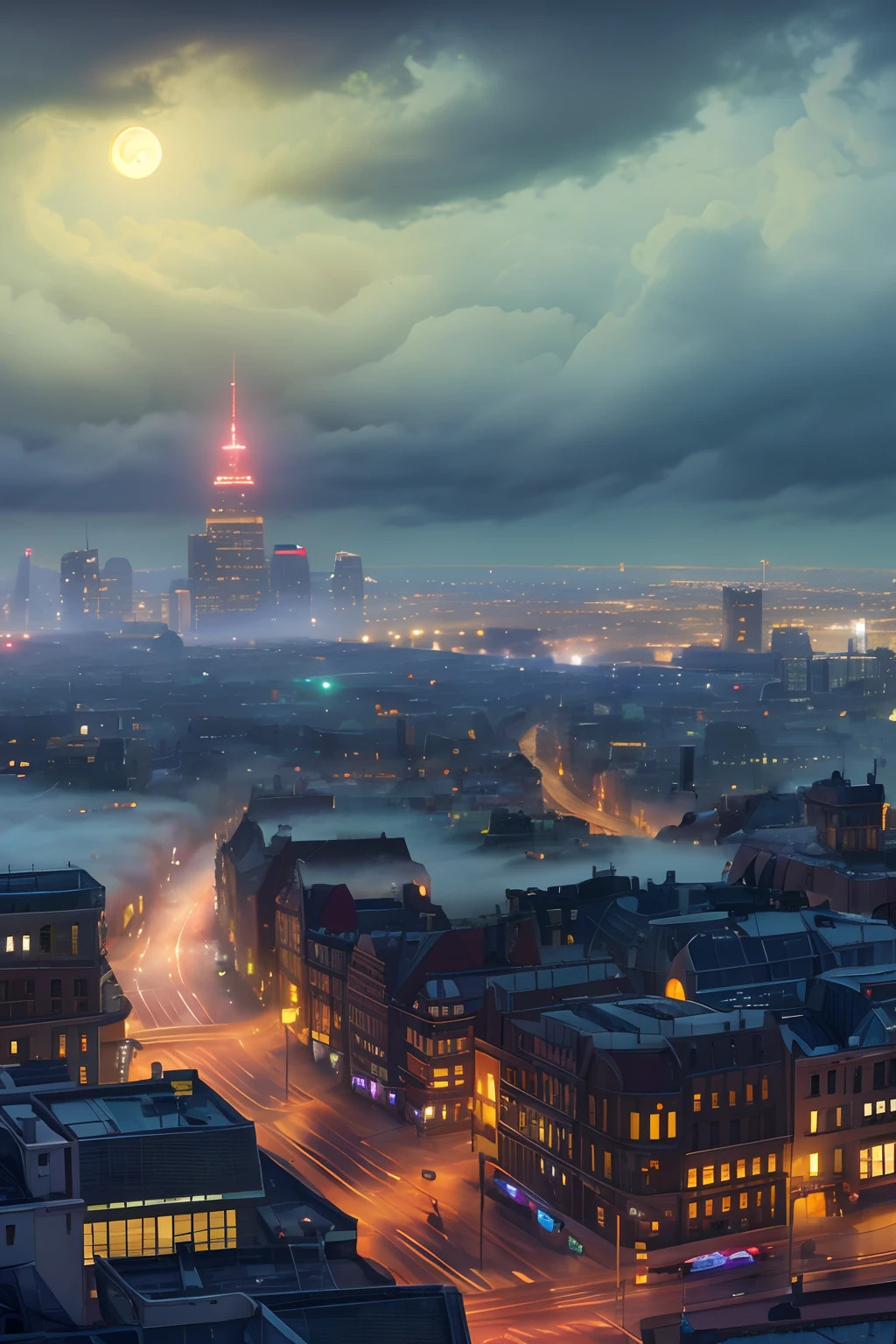 (wide view of a city at night in the rain), photorealistic, (fog, foggy, rolling fog), (clouds, cloudy, rolling clouds), dramatic sky above the skyline