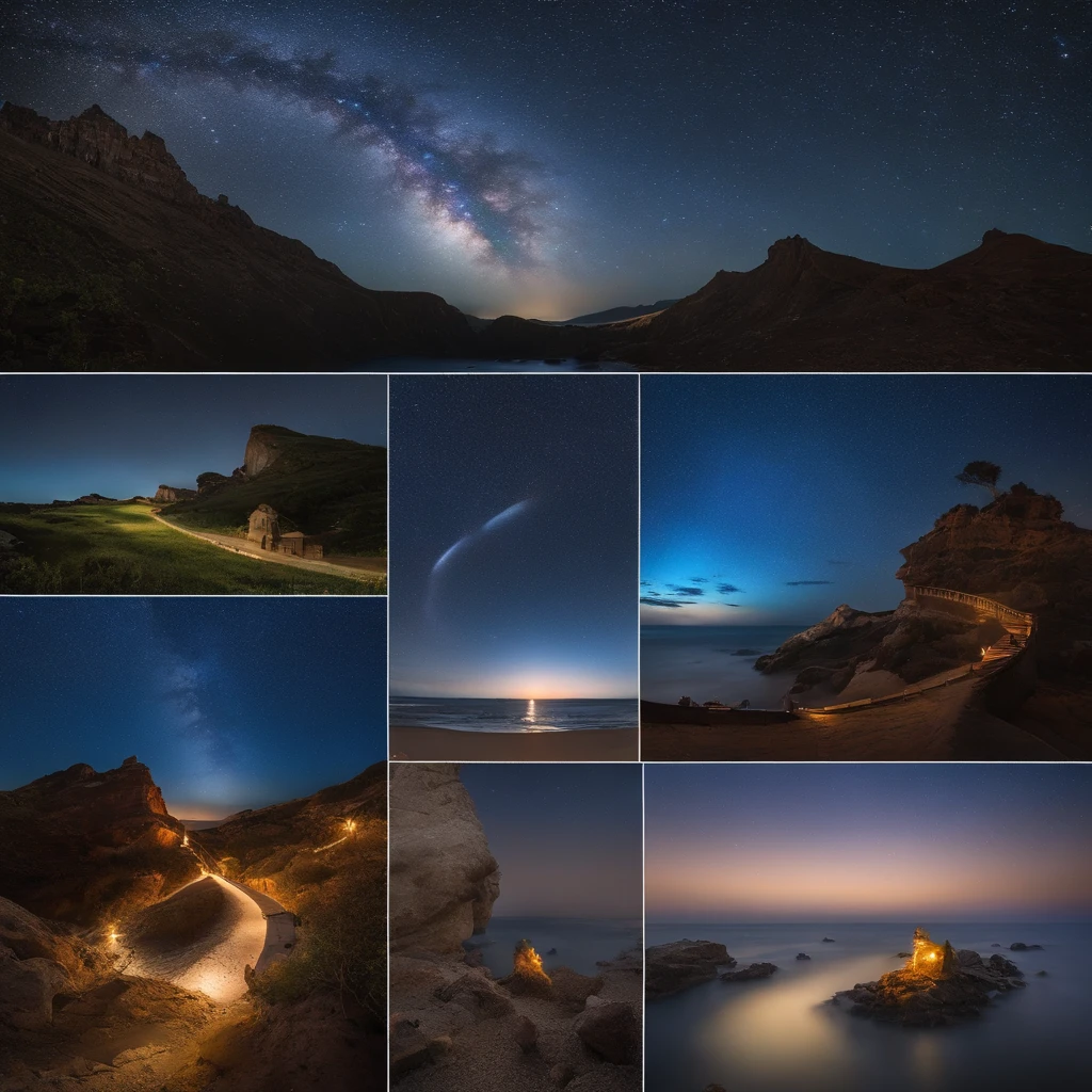 Master Parts、Superior Quality、superior image quality、The 8k quality、、Beautiful pictures of the starry sky、magnifica、Arched Milky Way:1.9、Sail ships:1.9、Blue Sea、shooting stars:1.9