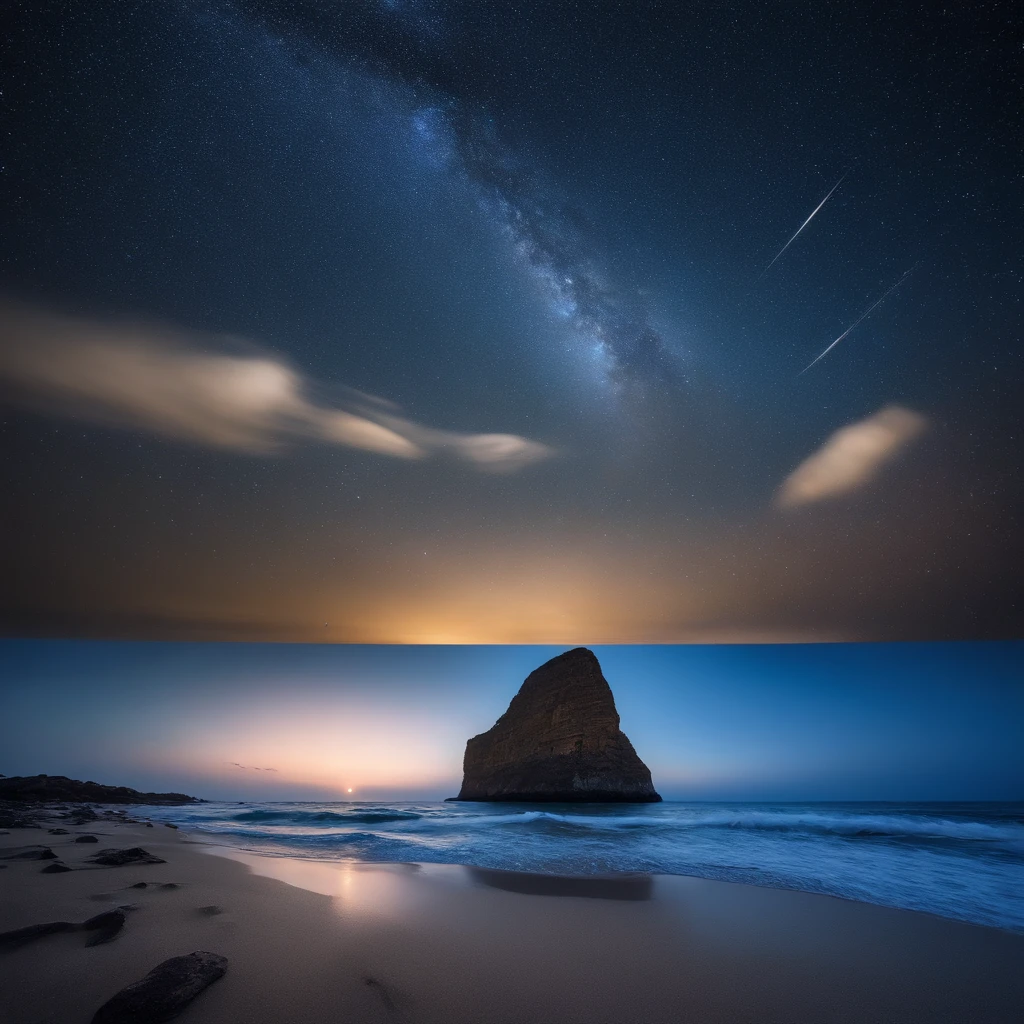 Master Parts、Superior Quality、superior image quality、The 8k quality、、Beautiful pictures of the starry sky、magnifica、Arched Milky Way:1.9、Sail ships:1.9、Blue Sea、shooting stars:1.9