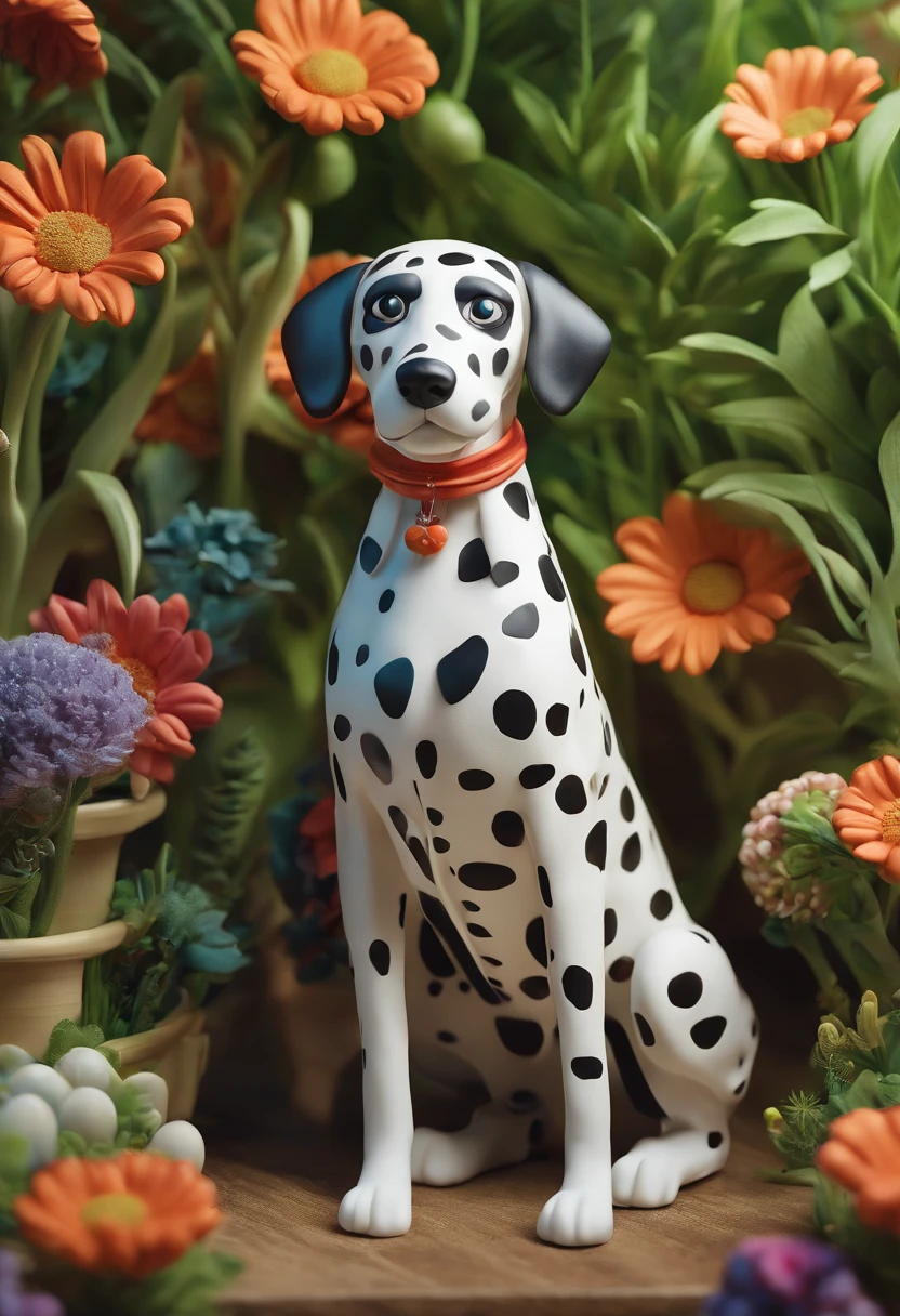 a stunning photo of a couple dog (Dalmatian) surrounded by plants in a flower meadow, 8k resolution concept art( intricate details:1.2), sunlight, (high quality:1.2), trending on artstation, 8k, absurdres, extremely detailed fur, (close up:1.1)