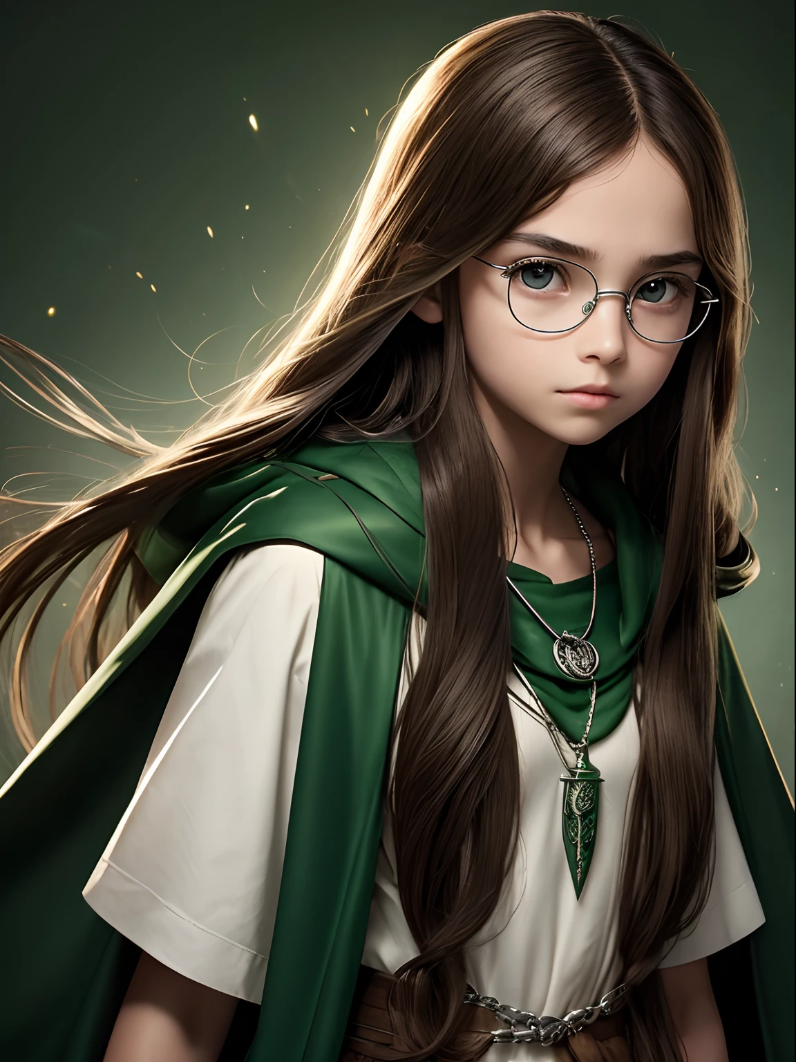 , Beautiful serious girl, long brown hair to the shoulder blades, Big shiny brown eyes, long eyelashes, eyeglasses, Hogwarts House Slytherin, Long green cloak, Silver chain with a pendant around the neck, hogwarts on background, Spell Creation Pose