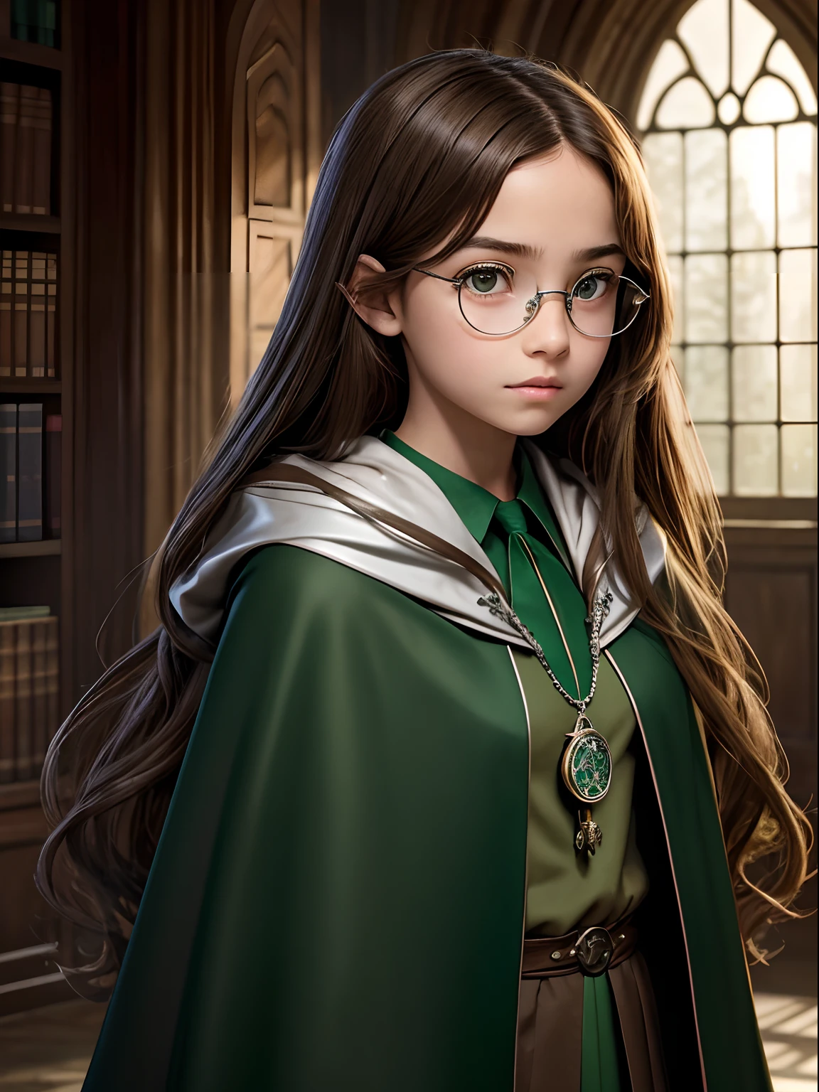 , Beautiful serious girl, long brown hair to the shoulder blades, Big shiny brown eyes, long eyelashes, eyeglasses, Hogwarts House Slytherin, Long green cloak, Silver chain with a pendant around the neck, hogwarts on background, Spell Creation Pose