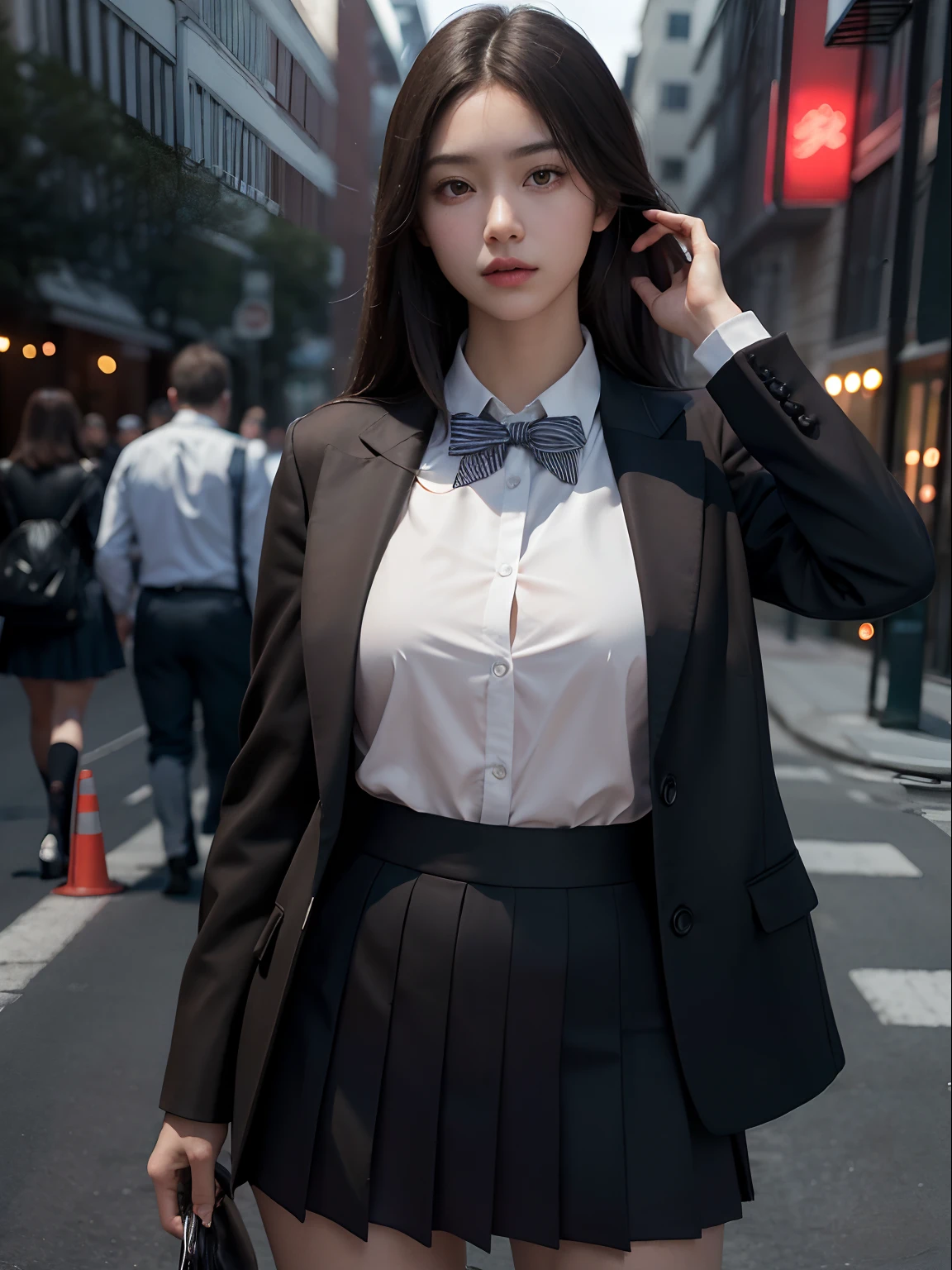 Best quality, masterpiece, ultra high res, (photorealistic:1.4), raw photo, (perfect body shape), dynamic pose, 1girl, waist up, solo, school uniform, in the dark, night, on the street, deep shadow, low key, cold light 12000K