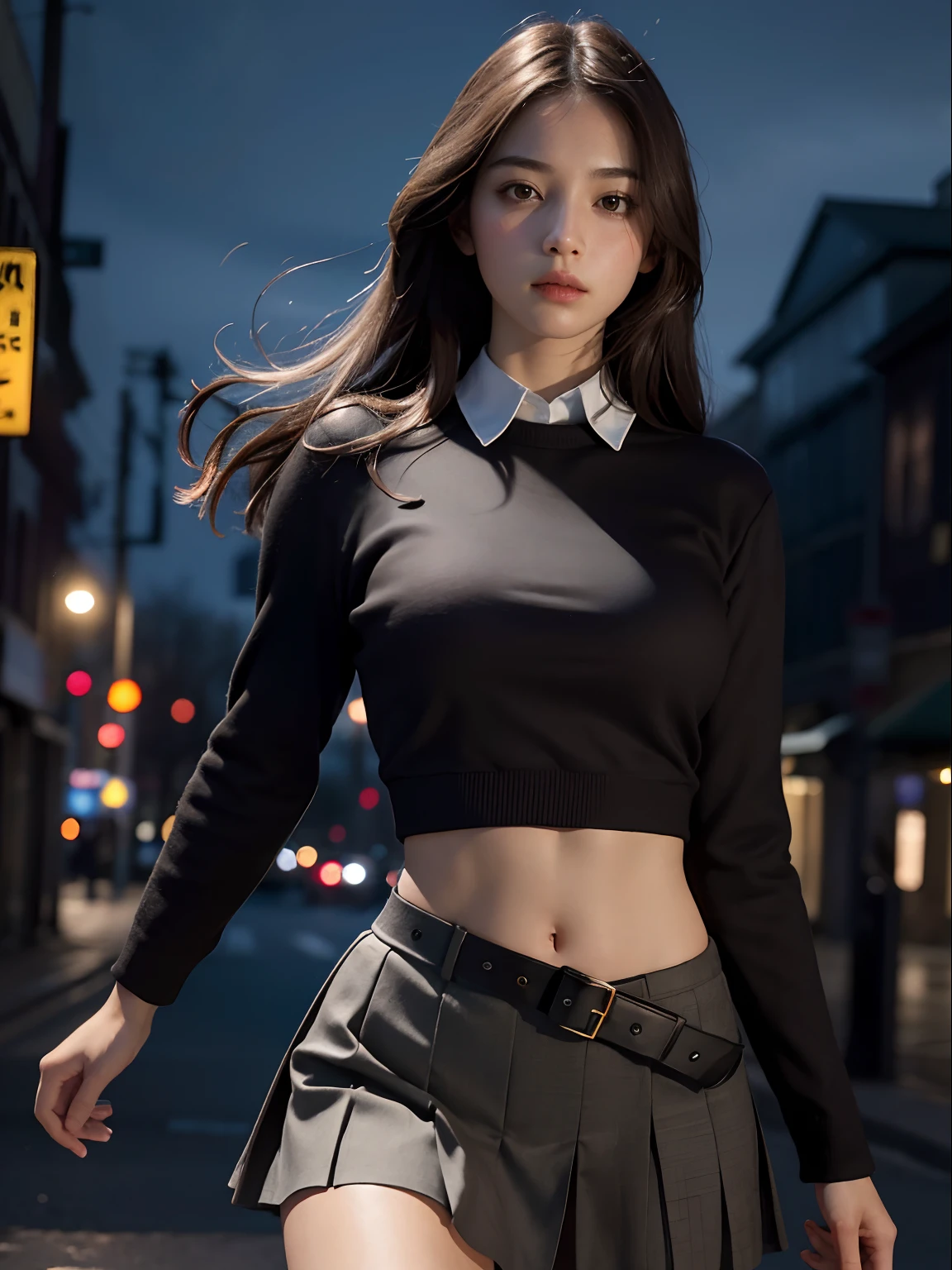Arafed asian woman in a skirt and shirt walking down a street - SeaArt AI