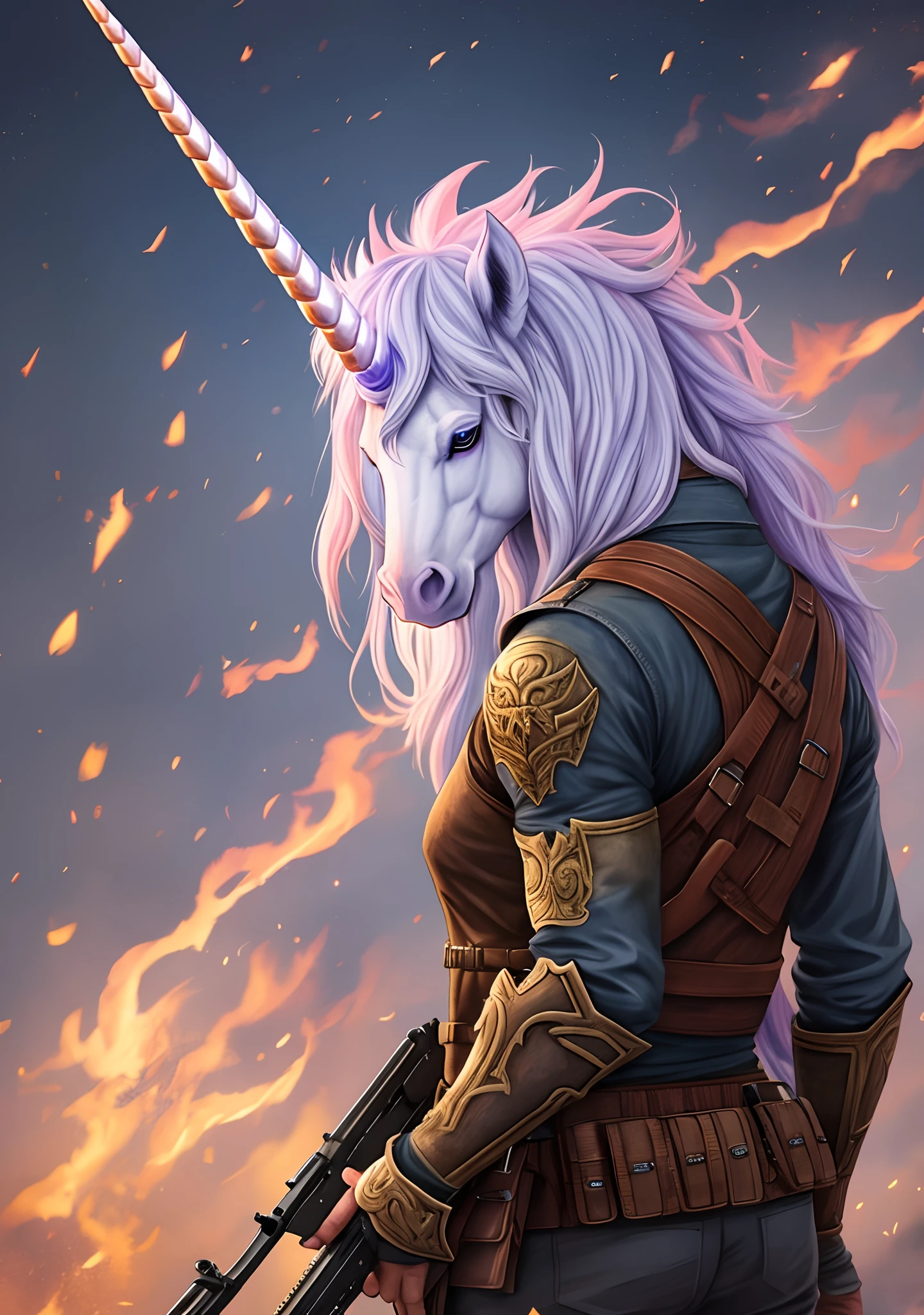 a realistic unicorn demon with a rifle --auto --s2