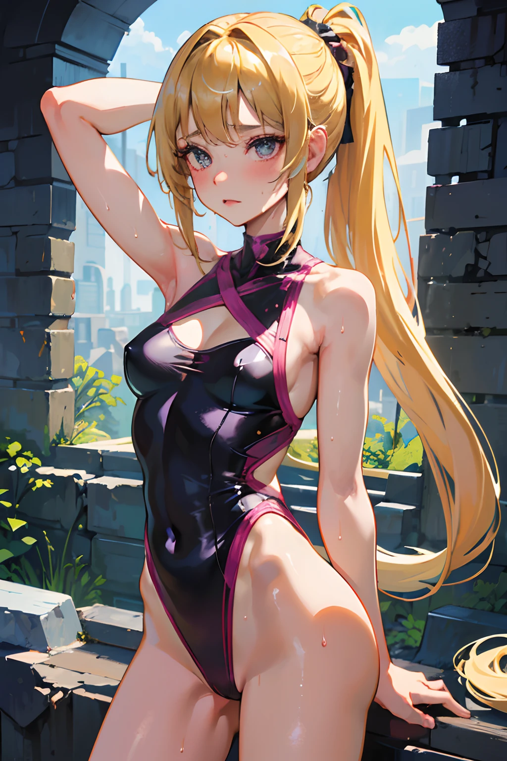 ((masterpiece, best quality)), (((1girl), (solo), (female focus)), ((Leotard), (Magenta Leotard) (highcut leotard)), ((long hair), (blonde hair), (pony tail)), black eyes, (standing, arms behind back, parted lip), highly detailed, Perfect face, Tiny breasts (skin indentation), Sexy, Blushing, Small waist, Petite in stature,), no background, (full of sweat:1.2), (Wet),