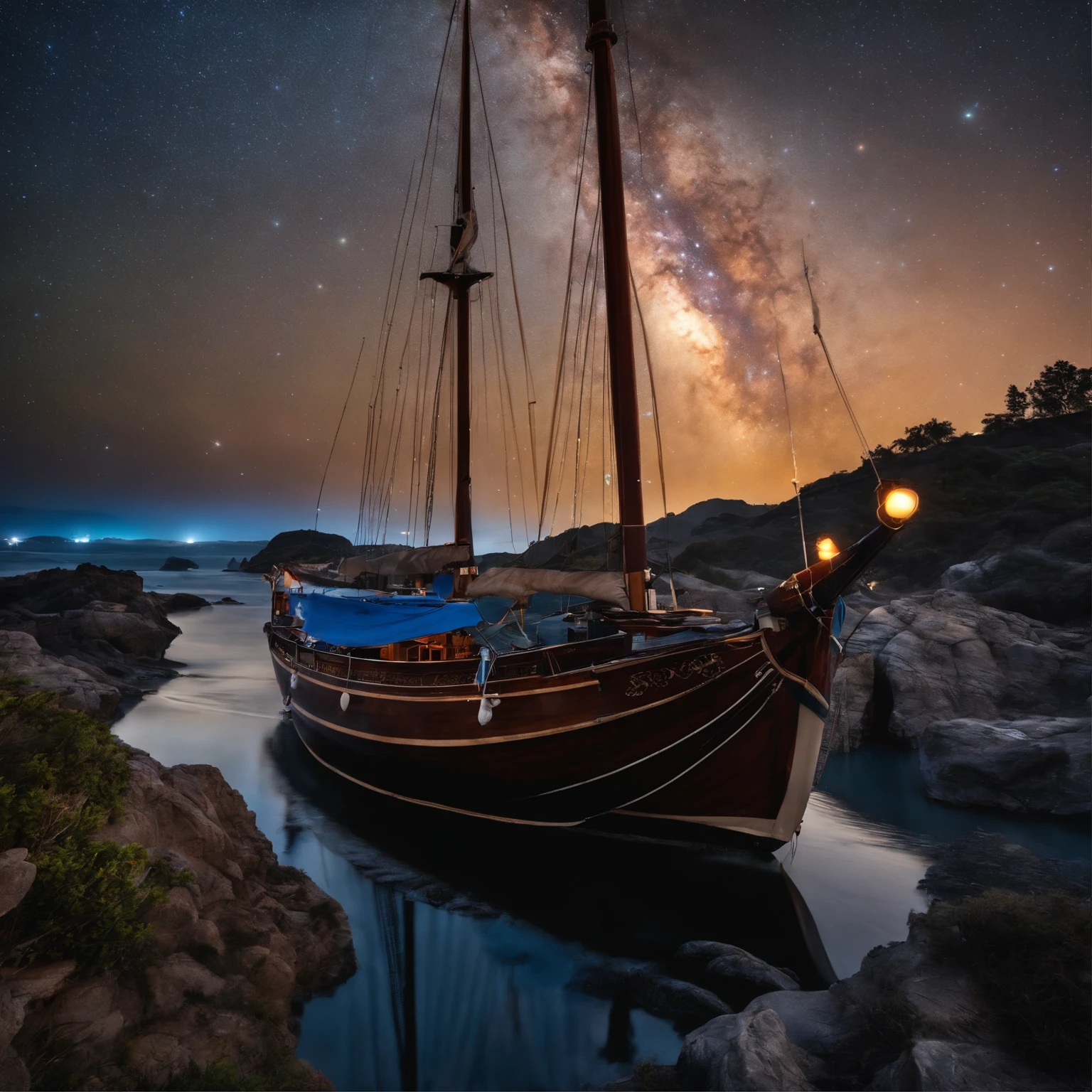 Master Parts、Superior Quality、superior image quality、The 8k quality、、Beautiful pictures of the starry sky、magnifica、Arched Milky Way:1.9、Sail ships:1.9、Blue Sea、shooting stars:1.9