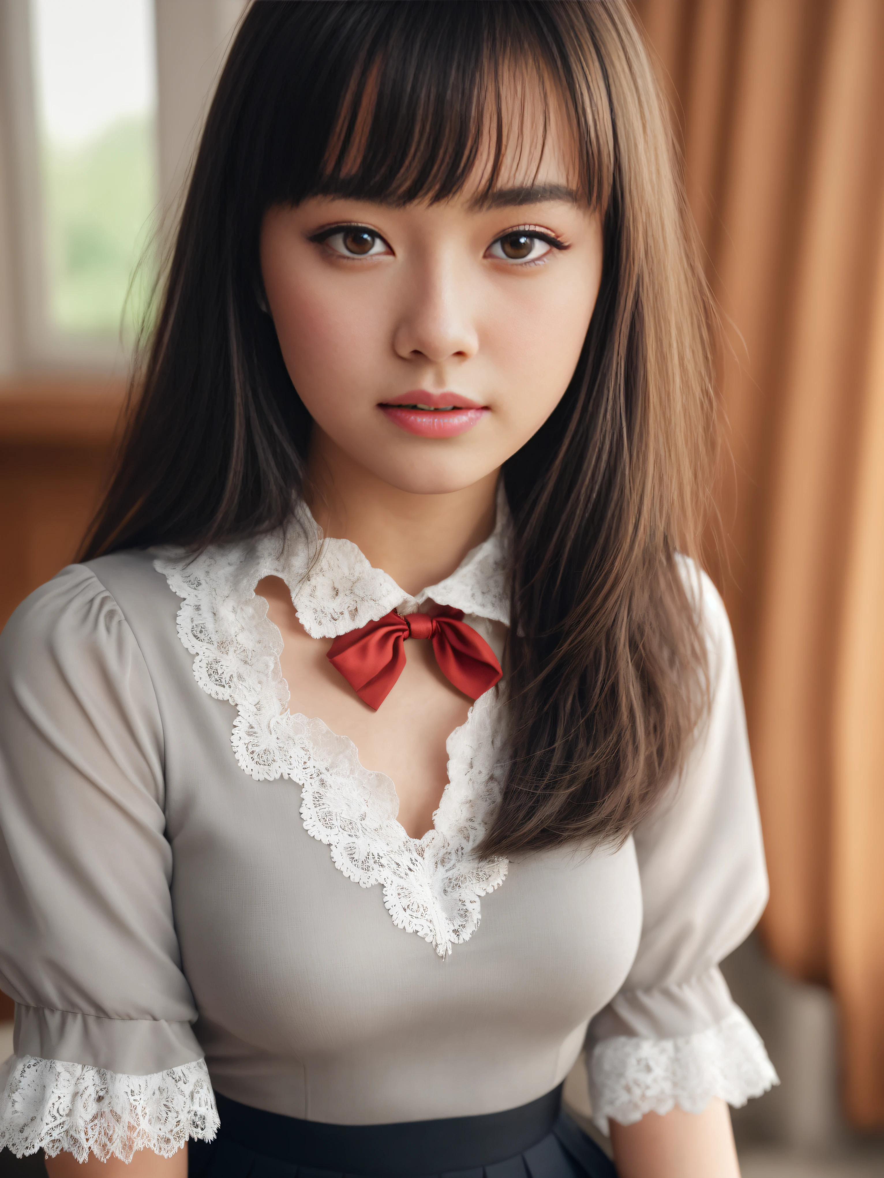focusing area: dynamic point (21 points), general planes, a photorealistic full body portrait of a stunningly beautiful student girl without make-up, 17 years old, school uniform, grey v-neck blouse with lace and neckline, black short skirt with pleats and butterfly patterns, grey knee-high stockings with diamond patterns, red bow, extremely detailed light hazel eyes, detailed symmetric realistic face, extremely detailed natural skin texture, peach fuzz, messy hair, masterpiece, absurdres, nikon d850 film stock photograph, kodak portra 400 camera f1.6 lens, extremely detailed, amazing, fine detail, rich colors, hyper realistic lifelike texture, dramatic lighting, unrealengine, cinestill 800 tungsten, looking at the viewer, photo realistic, raw photo, high quality, highres, sharp focus, extremely detailed, cinematic lighting, 8k uhd