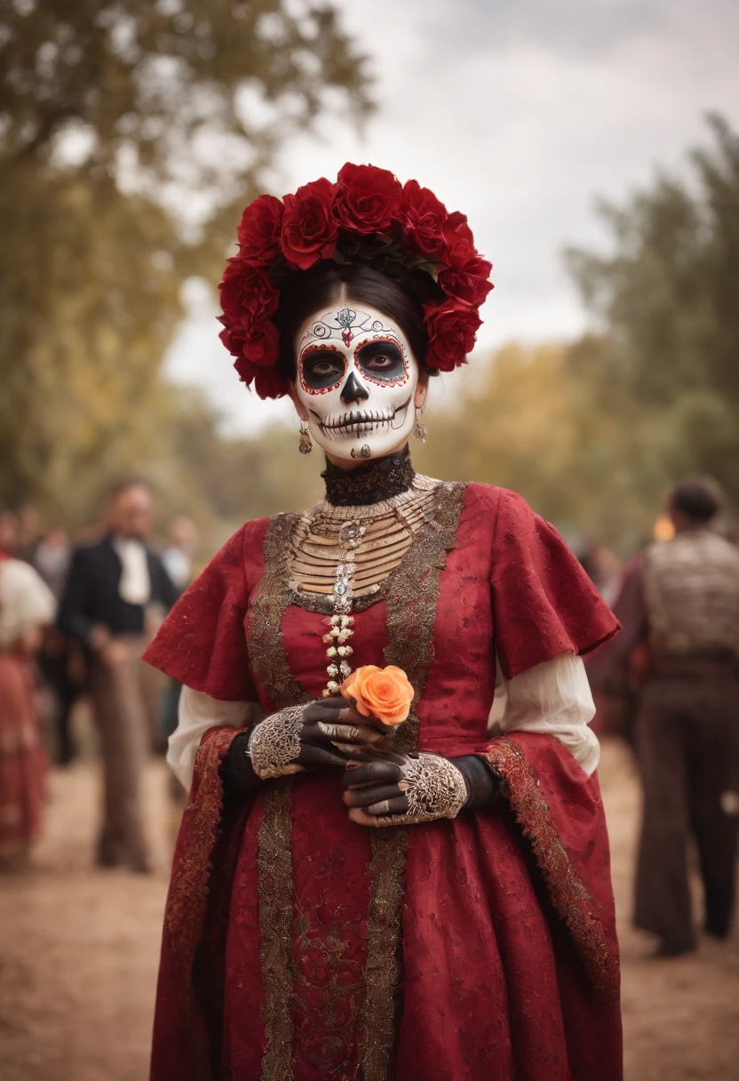 (medium full shot) of (skeleton bride) young woman, wearing a rich red floral patterned outfit with bold details, painted skeleton face, sugar skull mask, set at Dia de Muertos, in a grand celebration, showcasing elaborate performances, vibrant decorations, rich foods, enthusiastic participants, and a festive spirit, during sunset, woman smiling, ,Masterpiece,best quality, photo, realistic, very aesthetic, detailed face,