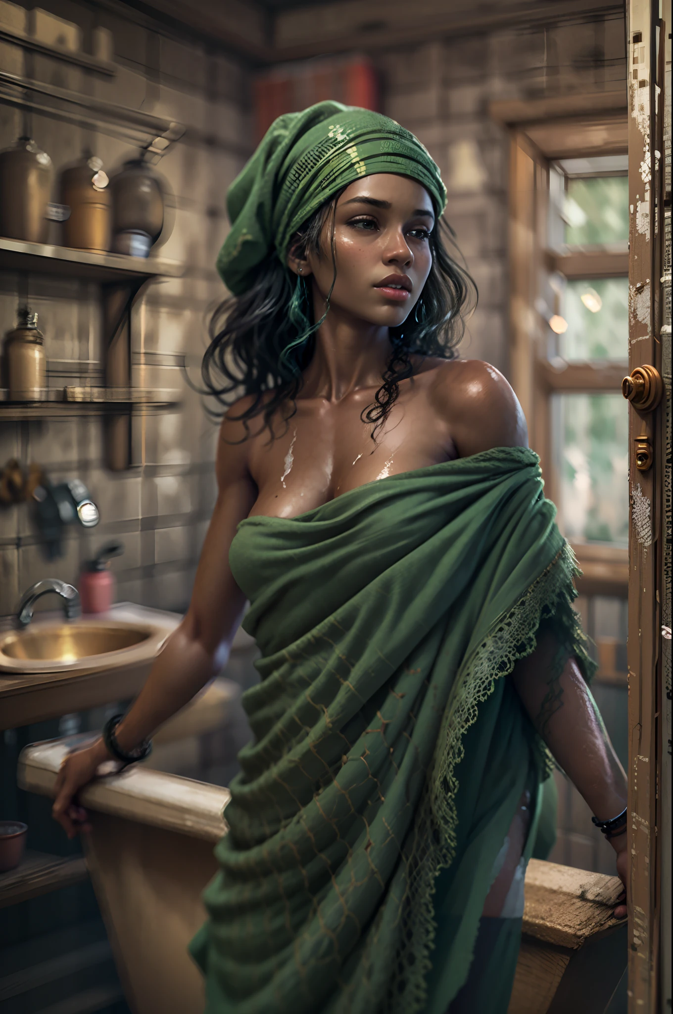 Different mood african woman with, showing clevage, clutched in deep green towel, wide angle in a vintage bathroom, perfect anatomy, illustrative, painterly, detailed, UHD drawing, pen and ink, perfect composition, beautiful detailed intricate insanely detailed octane render trending on artstation, 8k artistic photography, photorealistic concept art, soft natural