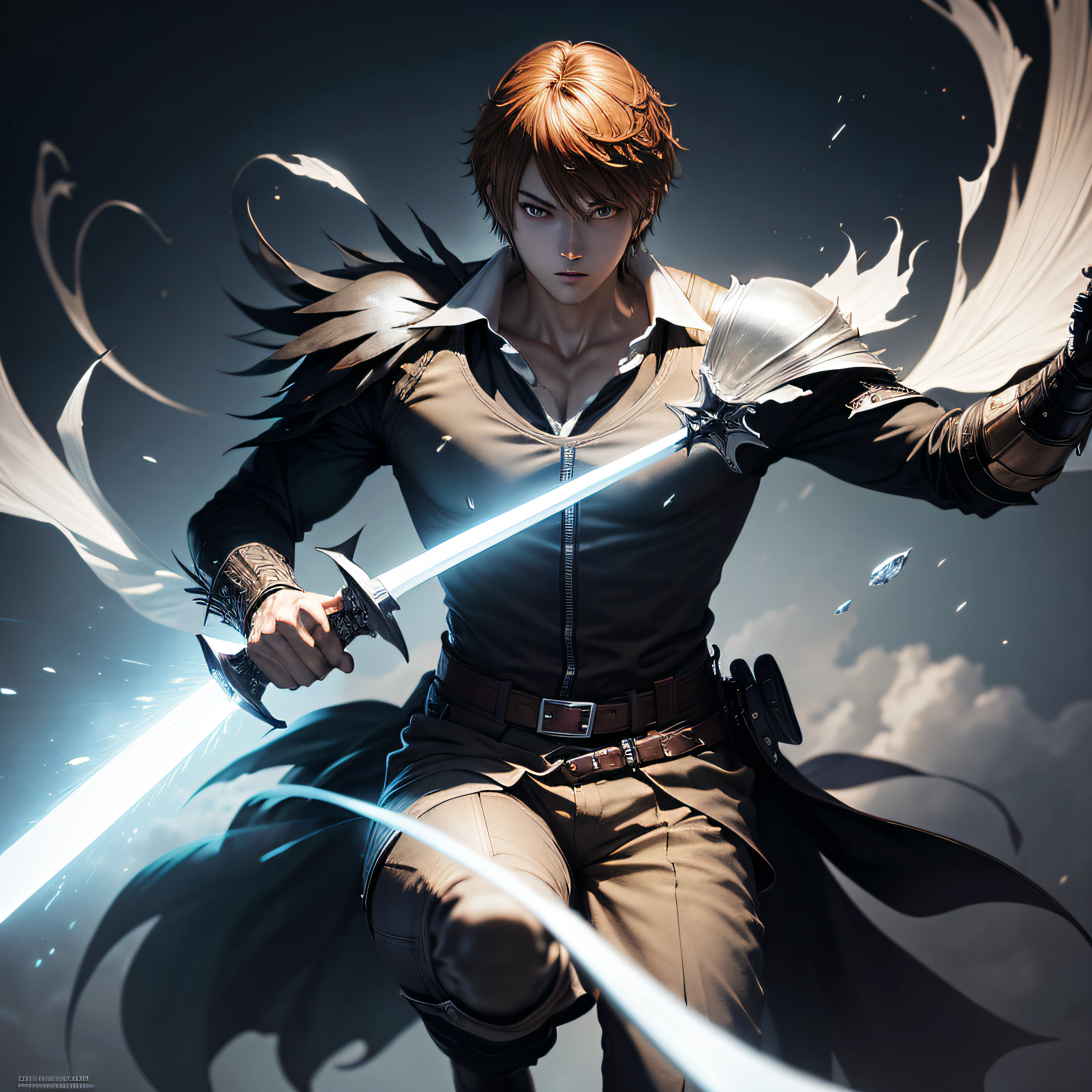 A man with the appearance of Light Yagami(death note) in a warrior's outfit, holding two swords and jumping with magic around him.