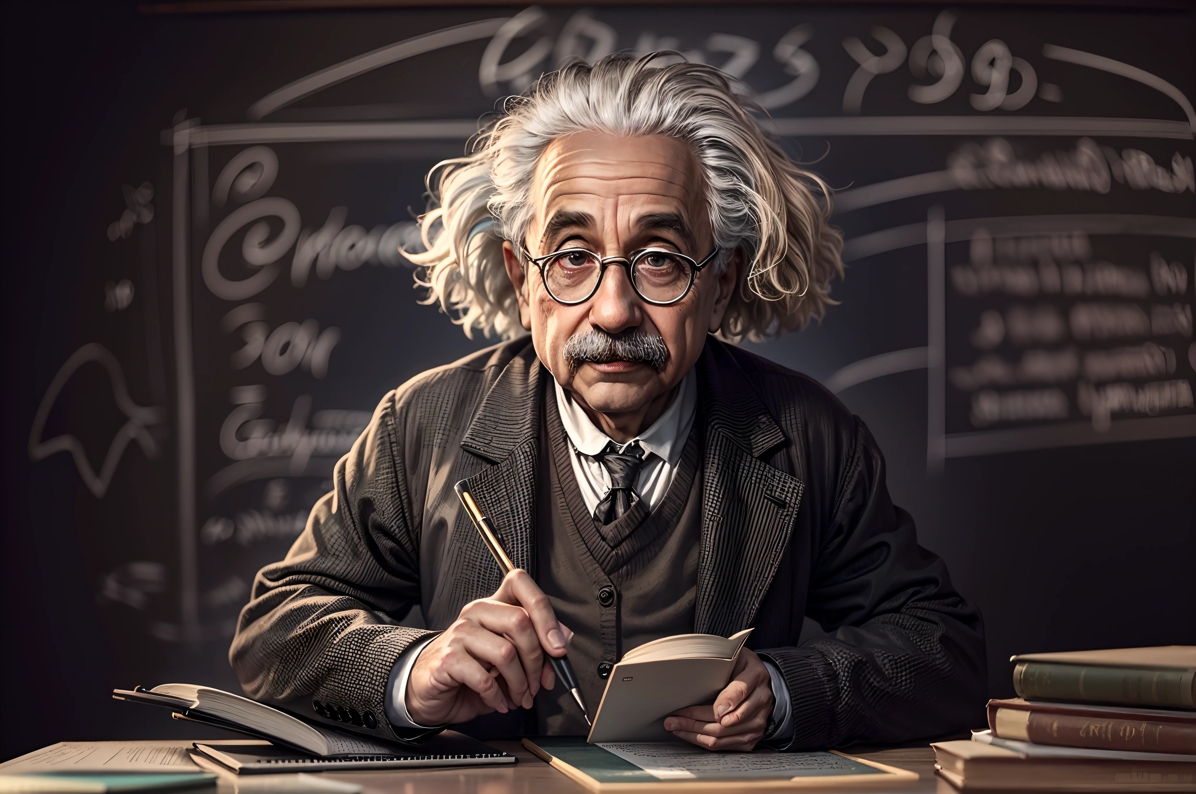 ,image of Albert Einstein dressed as a teacher on a university, he is teaching quantum physic, looking a viewers, black board filled with knowledge of physic, he is writing on the black board