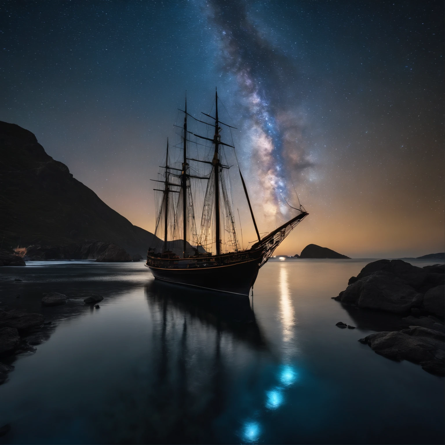 Master Parts、Superior Quality、superior image quality、The 8k quality、、Beautiful pictures of the starry sky、magnifica、Arched Milky Way:1.9、Sail ships:1.9、Blue Sea、shooting stars:1.9