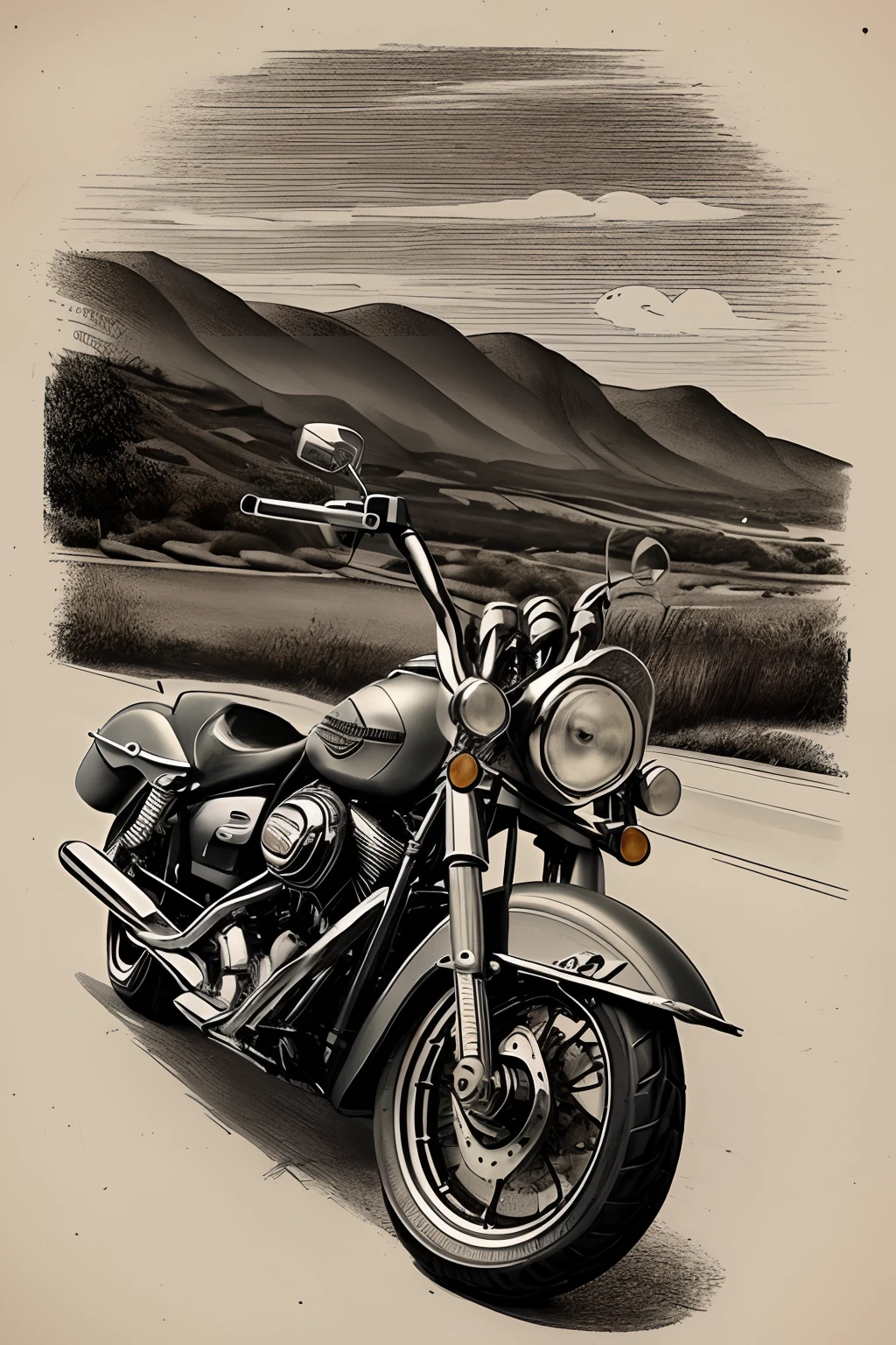 Produce a vintage-style crosshatch illustration of a (((esqueleto pilotando uma motocicleta Harley Davidson))), reminiscente de obras de arte de moto clube. Use um fundo composto apenas por respingos de tinta. Pay meticulous attention to (((detalhes intrincados))) as the characteristics of the skeleton, o design da motocicleta, e o sombreamento Crosshatch. Ambicione ((extrema qualidade de detalhes)) To create a visually captivating illustration. Crie um ((dynamic compositing)) that captures the spirit of motorcycle culture and the retro feel of vintage illustrations.