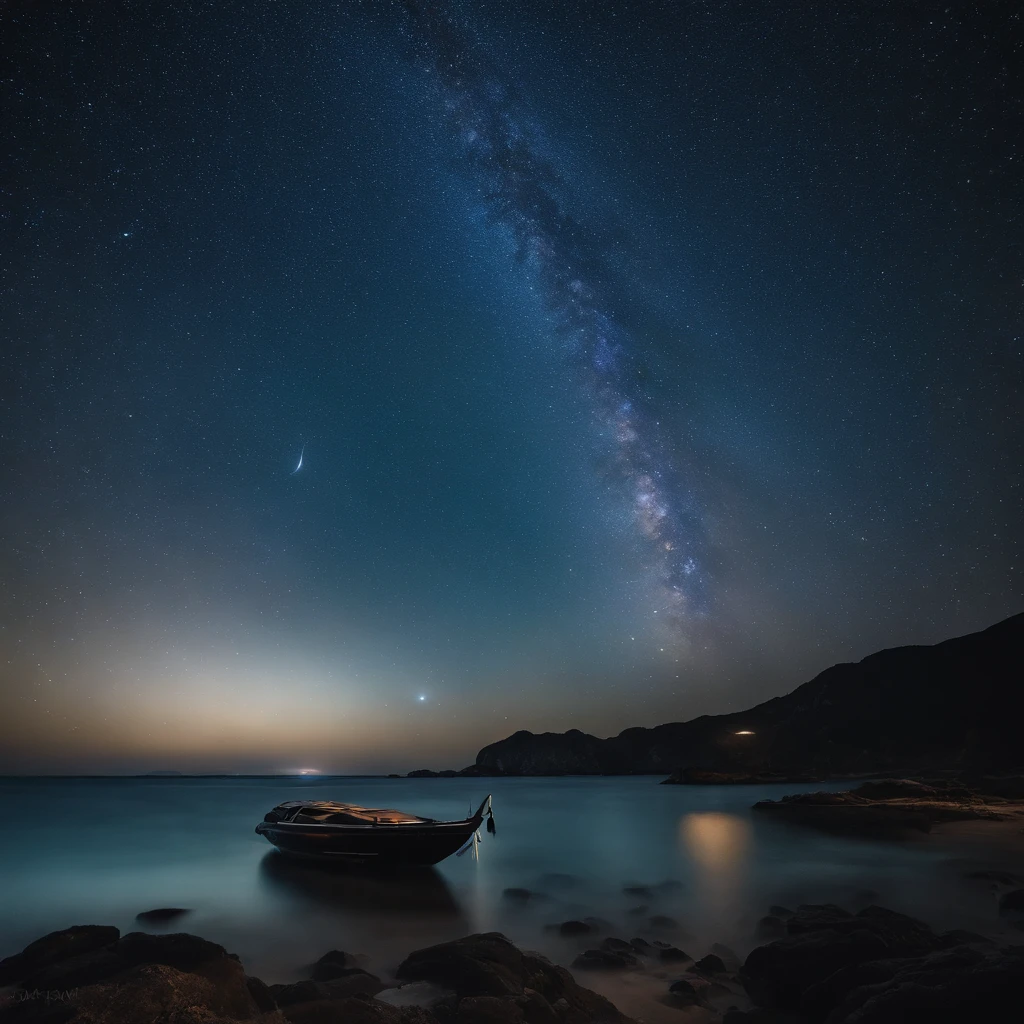 Master Parts、Superior Quality、superior image quality、The 8k quality、、Beautiful pictures of the starry sky、magnifica、Arched Milky Way:1.9、Sail ships:1.9、Blue Sea、shooting stars:1.9